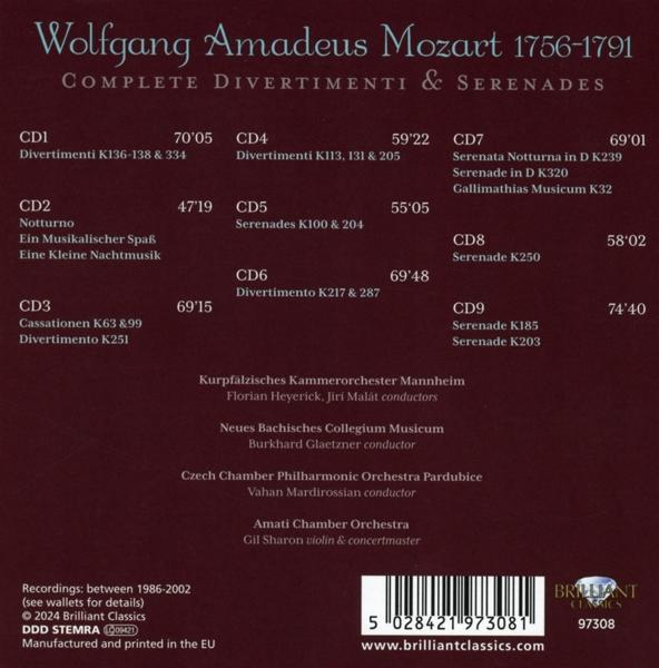 Ein CD-Cover mit Text über Wolfgang Amadeus Mozart und seine kompletten Divertimenti und Serenaden.