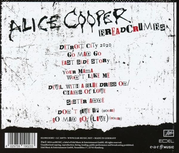 Rückseite des Albums 'Breadcrumbs' von Alice Cooper, mit Titelliste und Vintage-Design.
