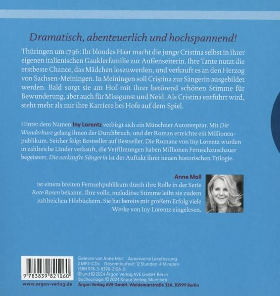 Buchcover mit Text über historische Romane und Hörbuch-Sprecherin Anne Moll.