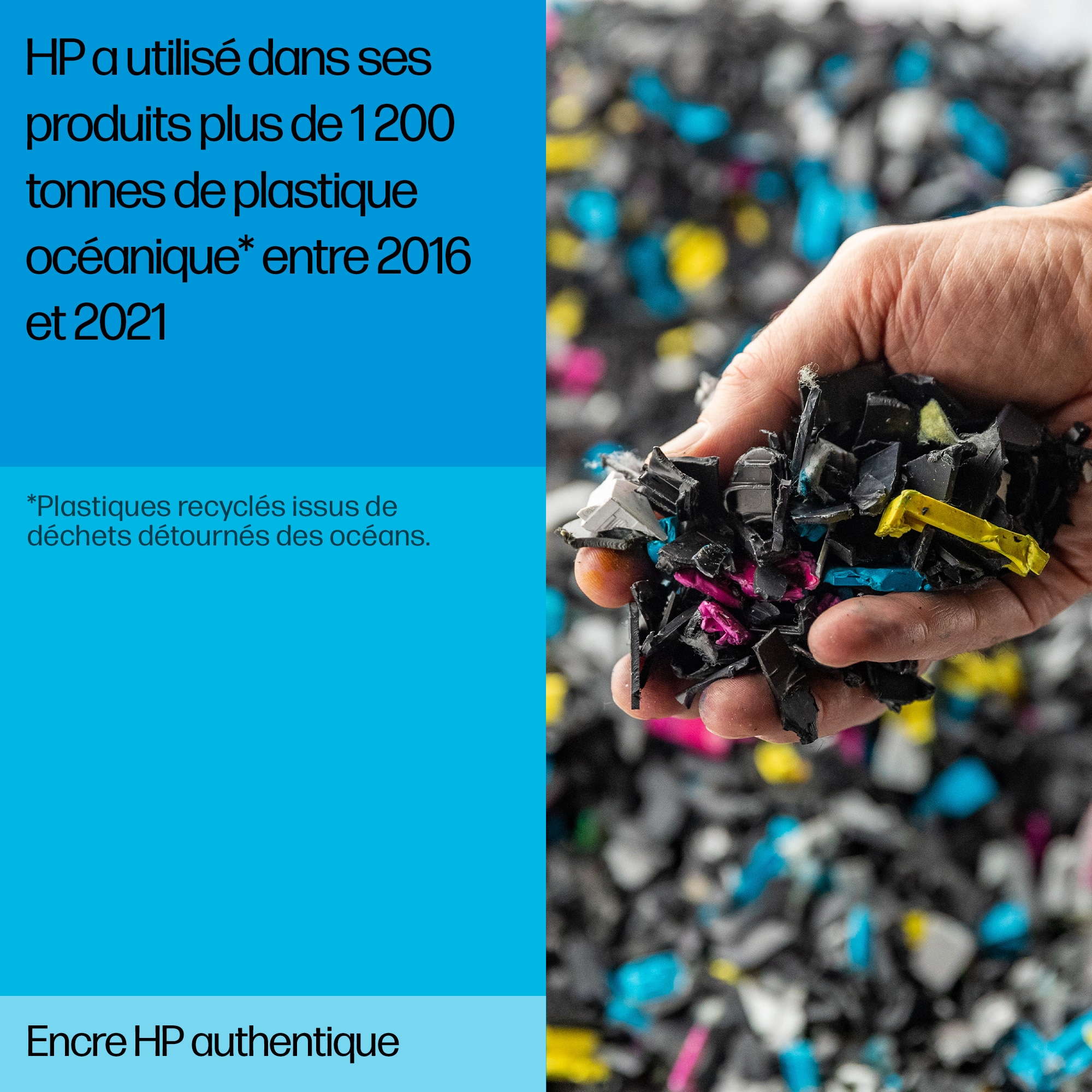 Image montrant du plastique recyclé, avec texte soulignant l'utilisation par HP de 1200+ tonnes de plastique océanique.
