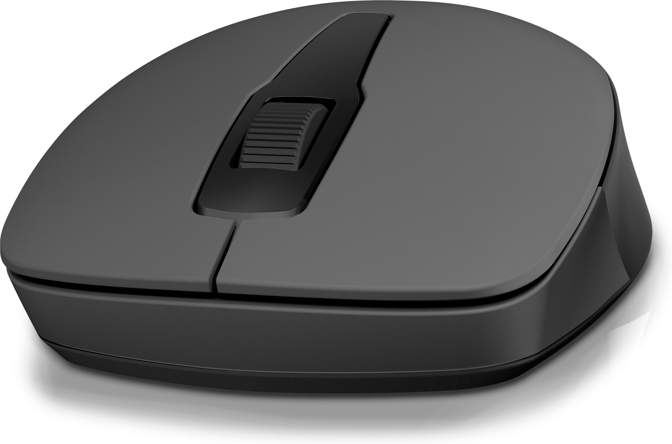A gray wireless mouse with a scroll wheel and two buttons, on a white background.