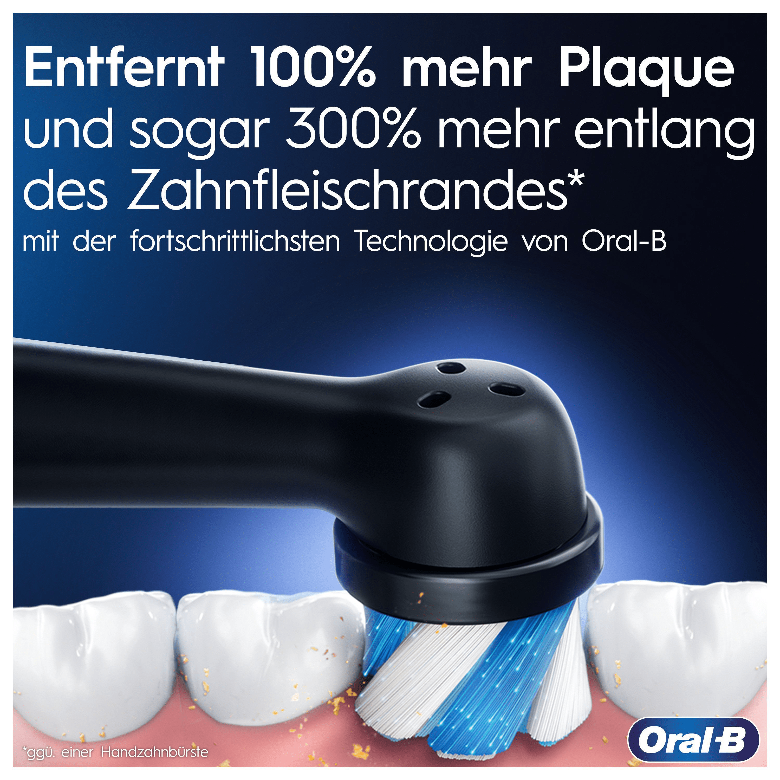 Testina dello spazzolino che pulisce i denti. Il testo afferma che rimuove più placca e lungo il bordo gengivale.