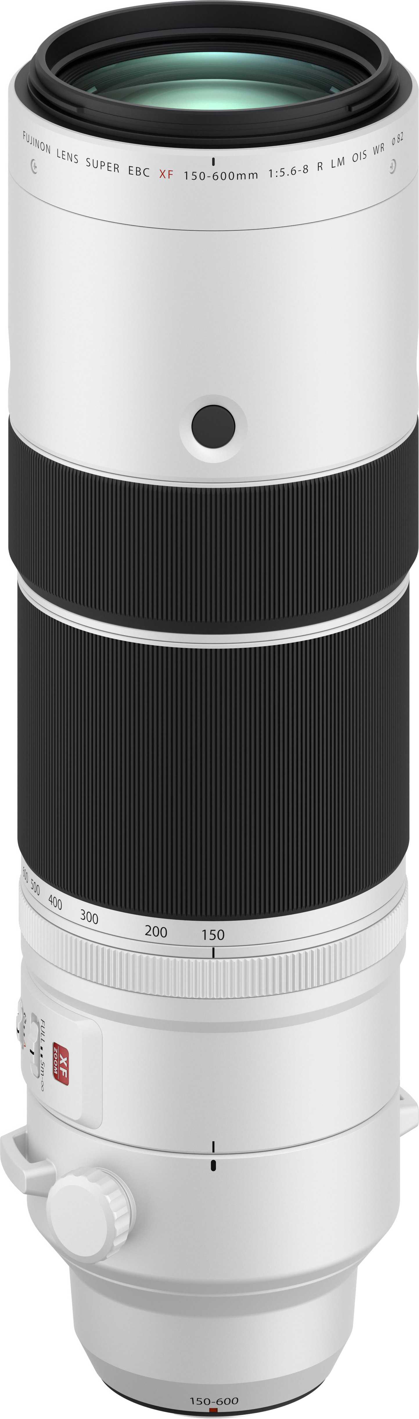 Un obiettivo Fujinon bianco, 150-600mm, con impugnature nere strutturate. L'obiettivo ha vari segni e quadranti.