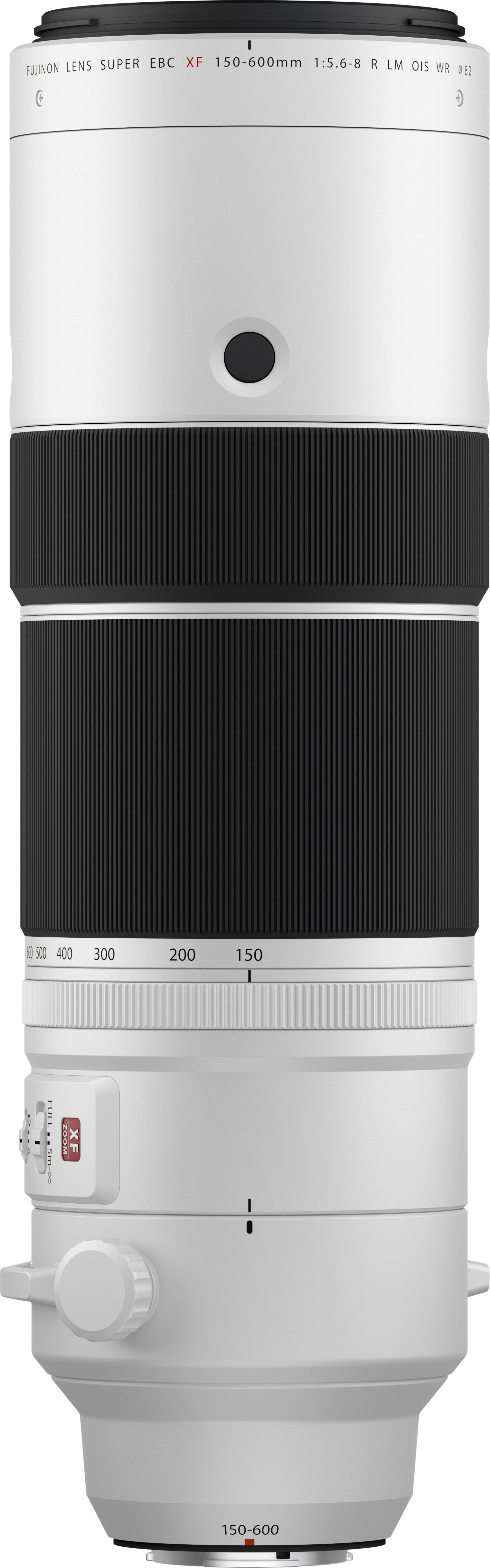 Obiettivo della fotocamera bianco e nero con etichette. L'obiettivo ha anelli, manopole e un indicatore di zoom.