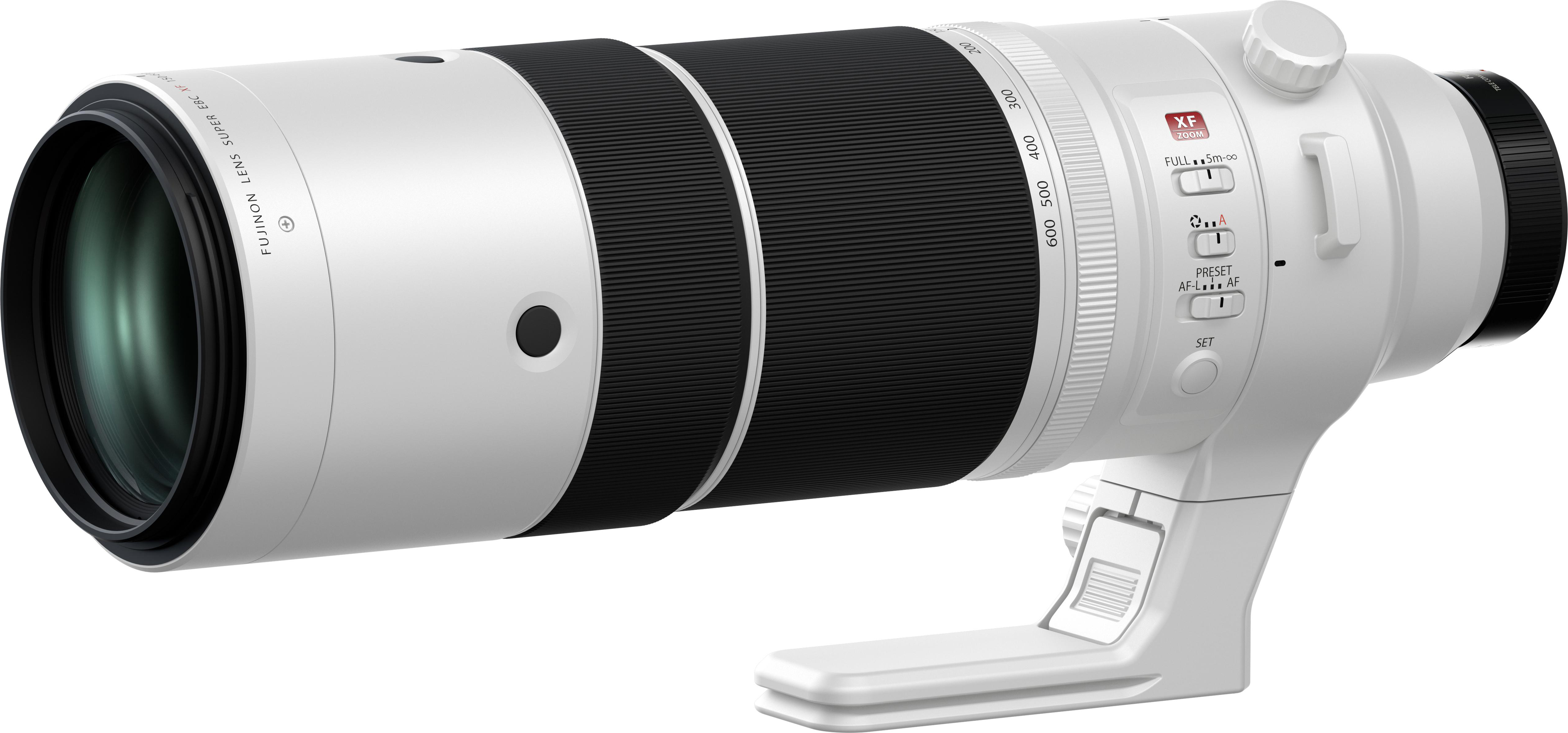 Un obiettivo per fotocamera bianco e nero. Ha una lente frontale, con impostazioni e quadranti lungo il corpo.