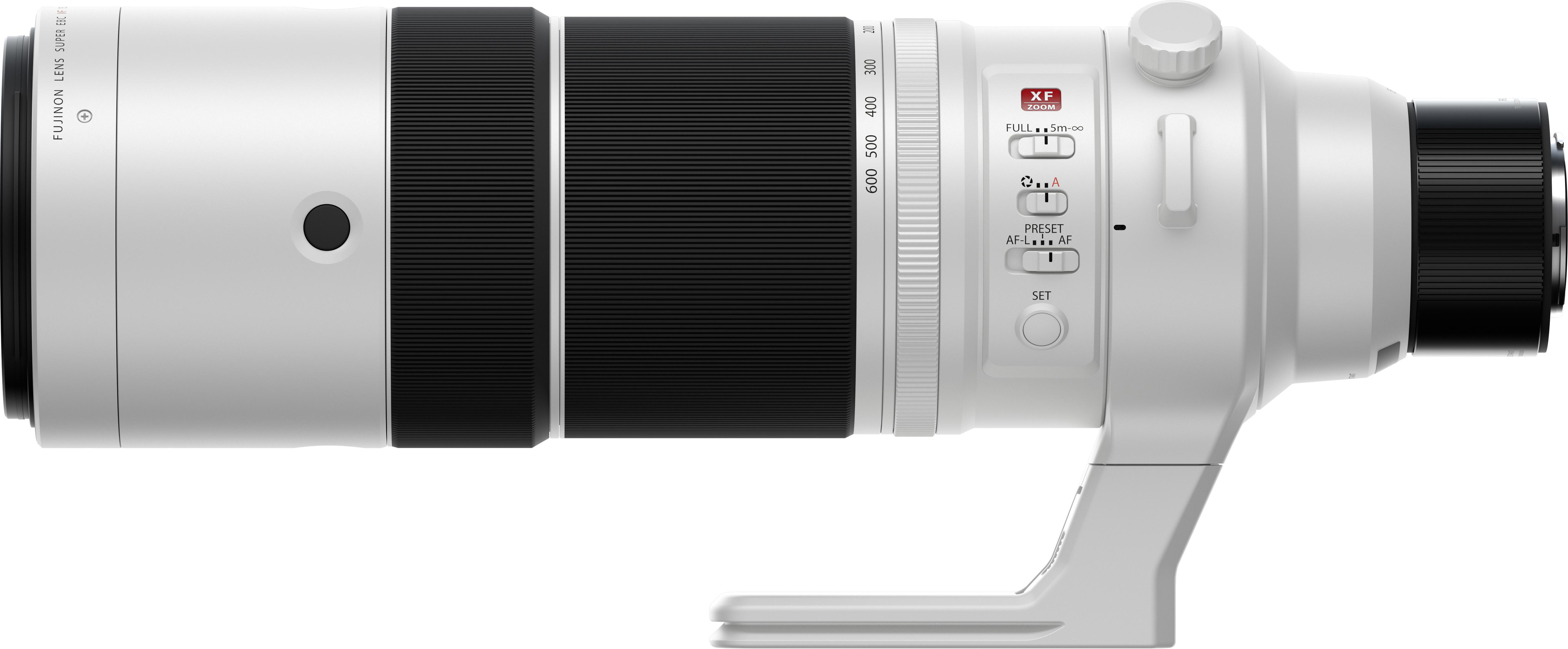 Un obiettivo per fotocamera bianco e nero con più controlli. Ha una ghiera dello zoom e un supporto per treppiede. Marchio Fujifilm.