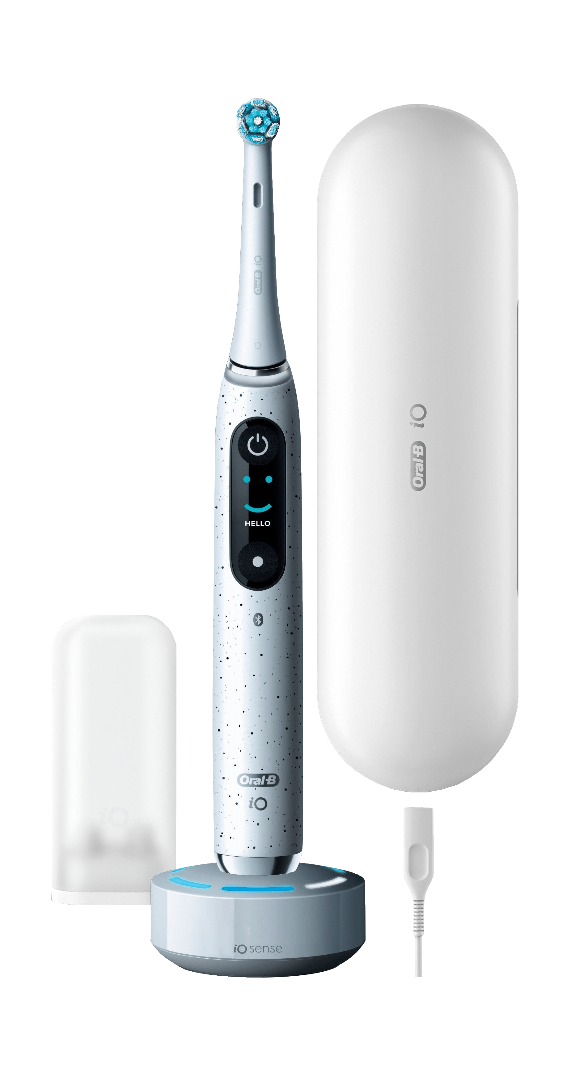 Une brosse à dents électrique, un chargeur et un étui de voyage, tous blancs avec des touches de bleu.