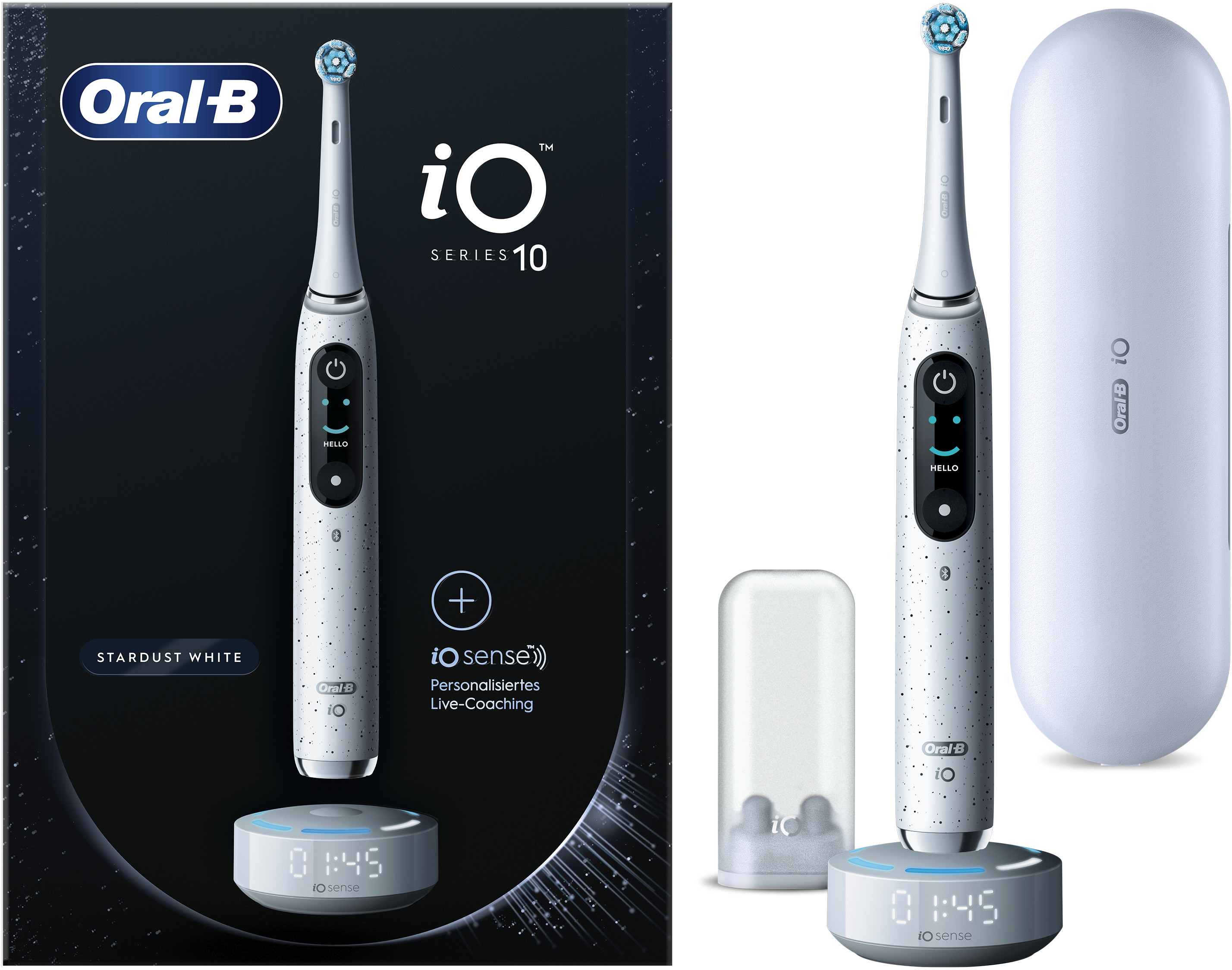 Une brosse à dents électrique Oral-B, avec une base de chargement et un étui de voyage.