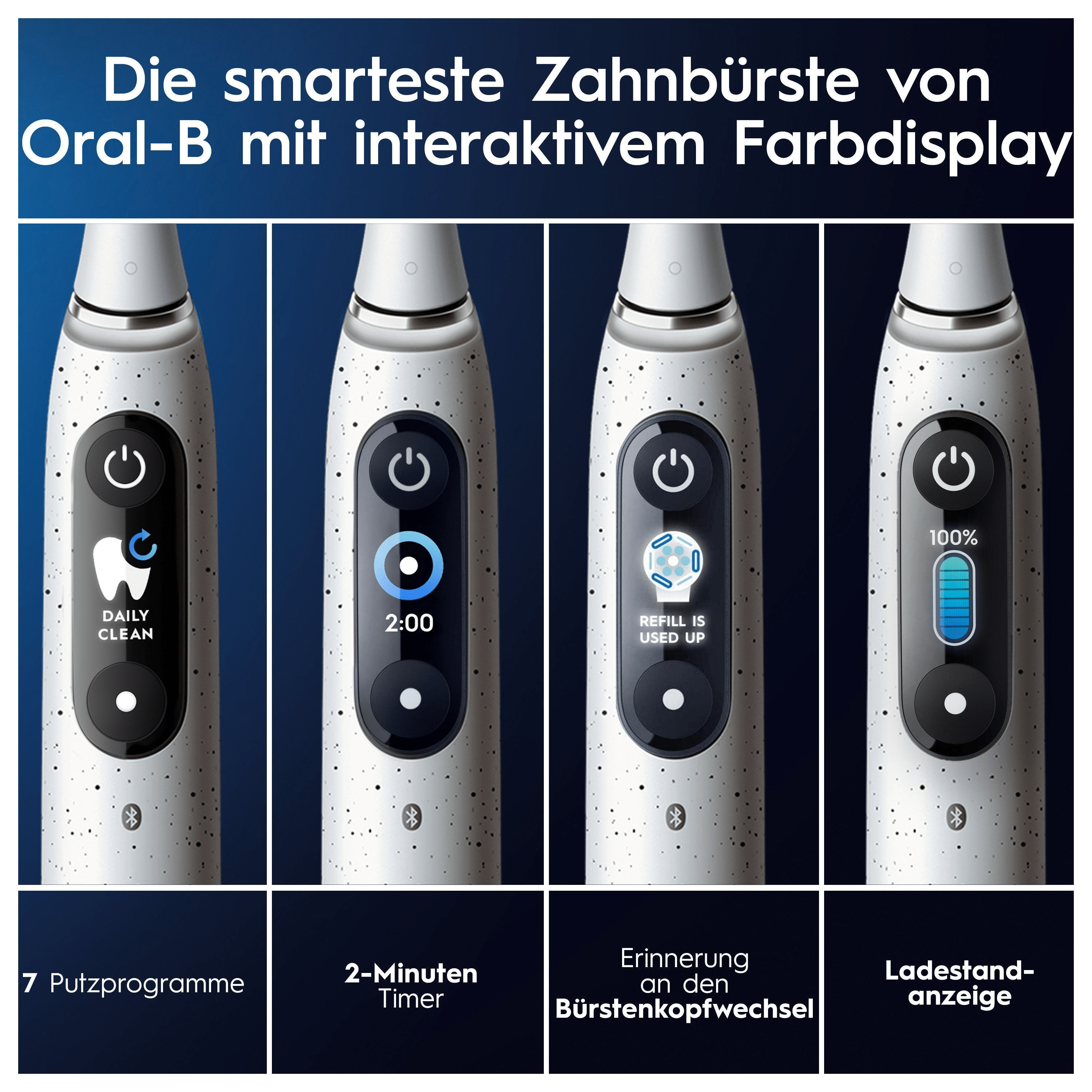 Quatre étapes d'une brosse à dents électrique Oral-B avec écran, montrant différentes fonctions.