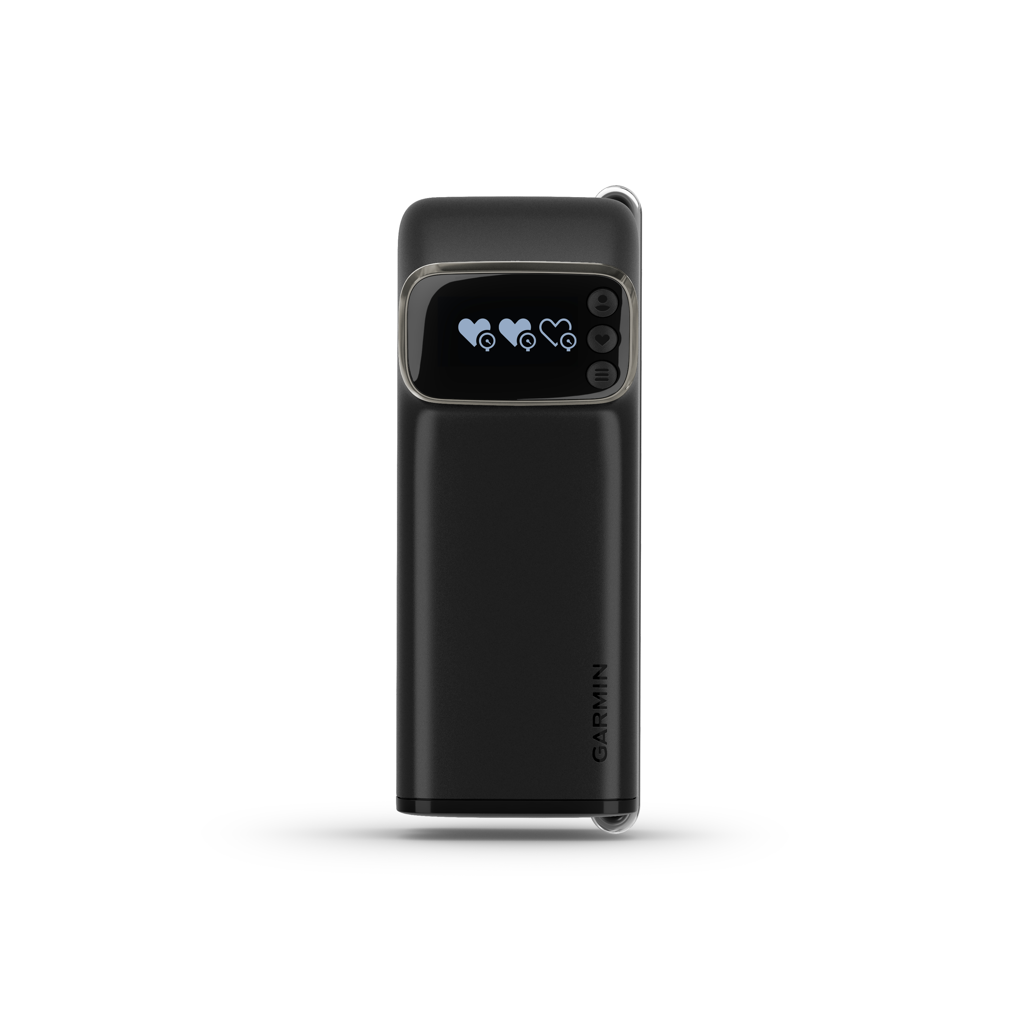 Schwarzes Garmin-Gerät mit kleinem Bildschirm, der Herzsymbole anzeigt. Knöpfe und ein Garmin-Logo sind vorhanden.