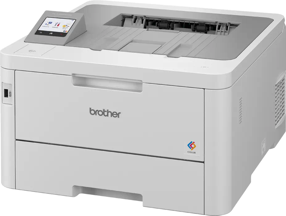 Une imprimante Brother blanche avec un logo couleur, montrant l'avant et le dessus de l'appareil.
