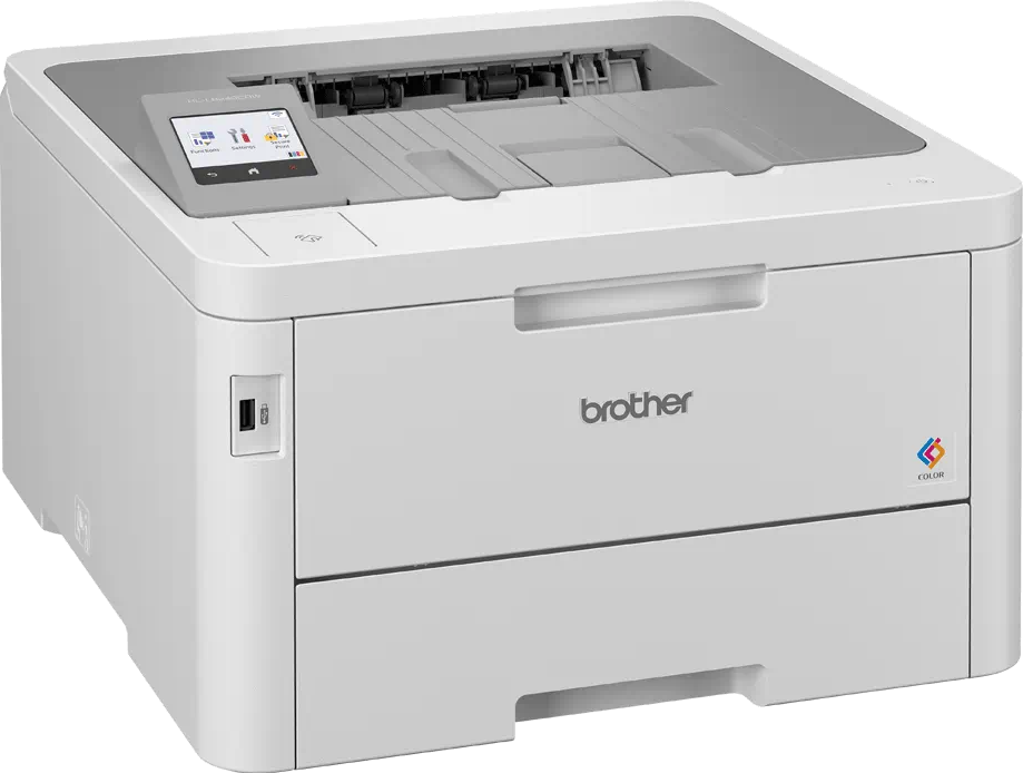 Une imprimante laser couleur Brother blanche. L'imprimante a un petit écran et le logo Brother.