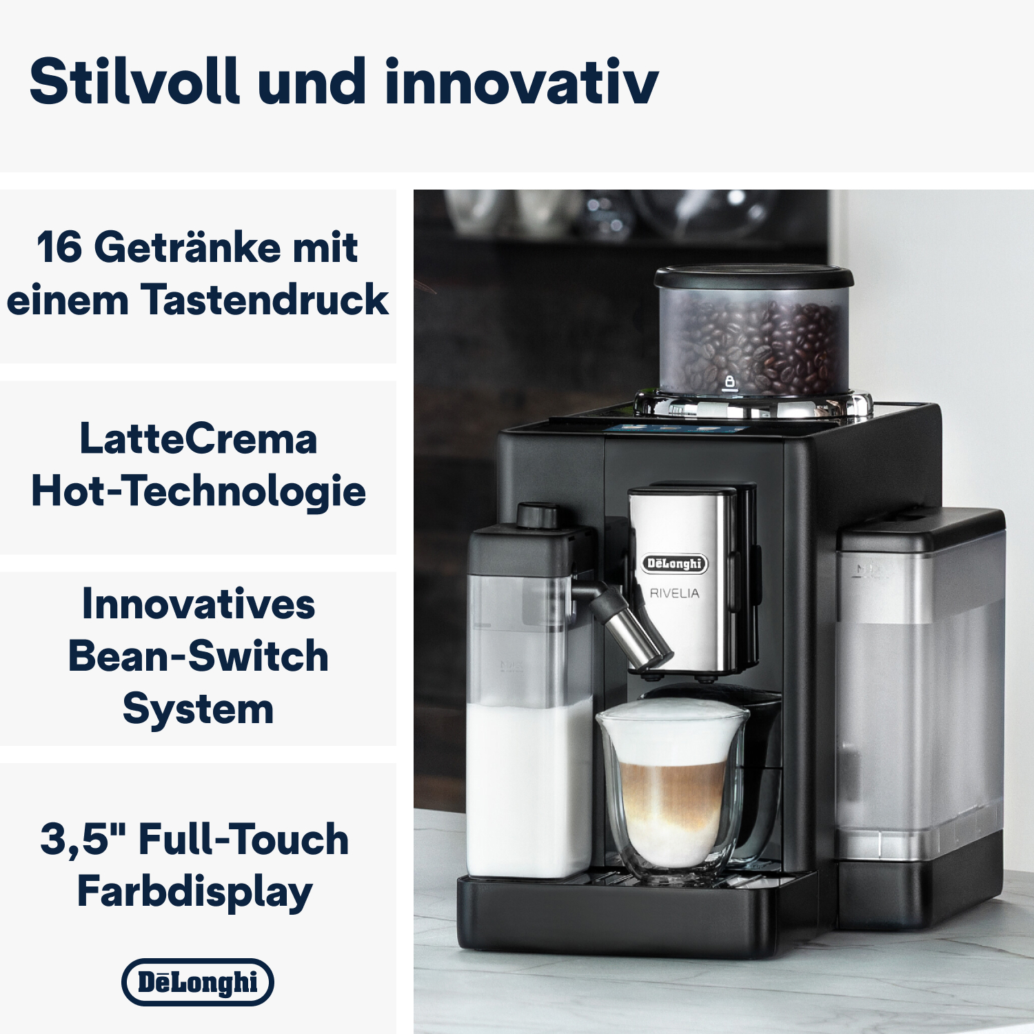 Schwarze Kaffeemaschine mit Milchbehälter und einem Glas Kaffee. Text: innovativ, 16 Getränke, LatteCrema, etc.
