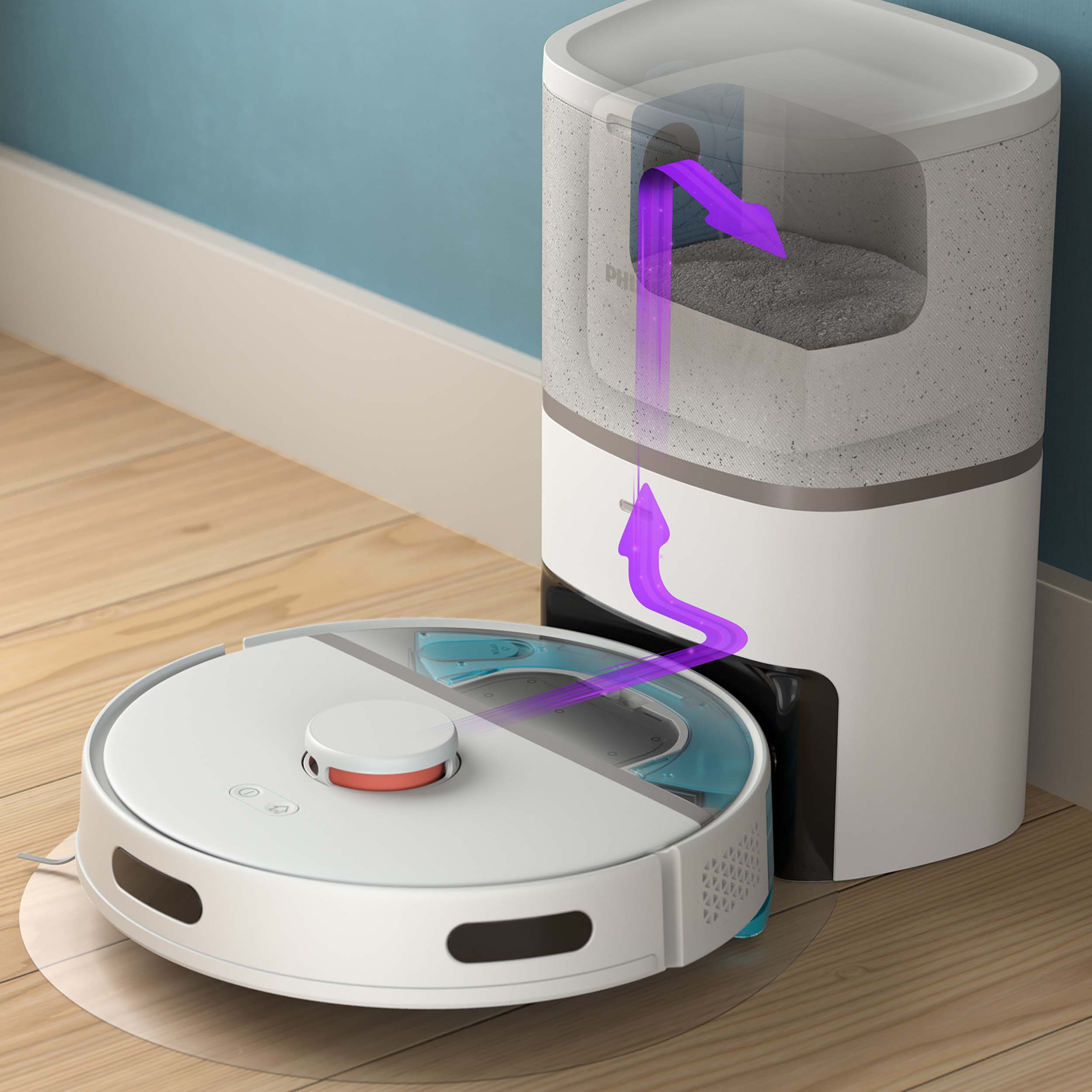 Robot sprzątający i jego stacja ładująca. Przezroczyste fioletowe linie pokazują proces zbierania kurzu.