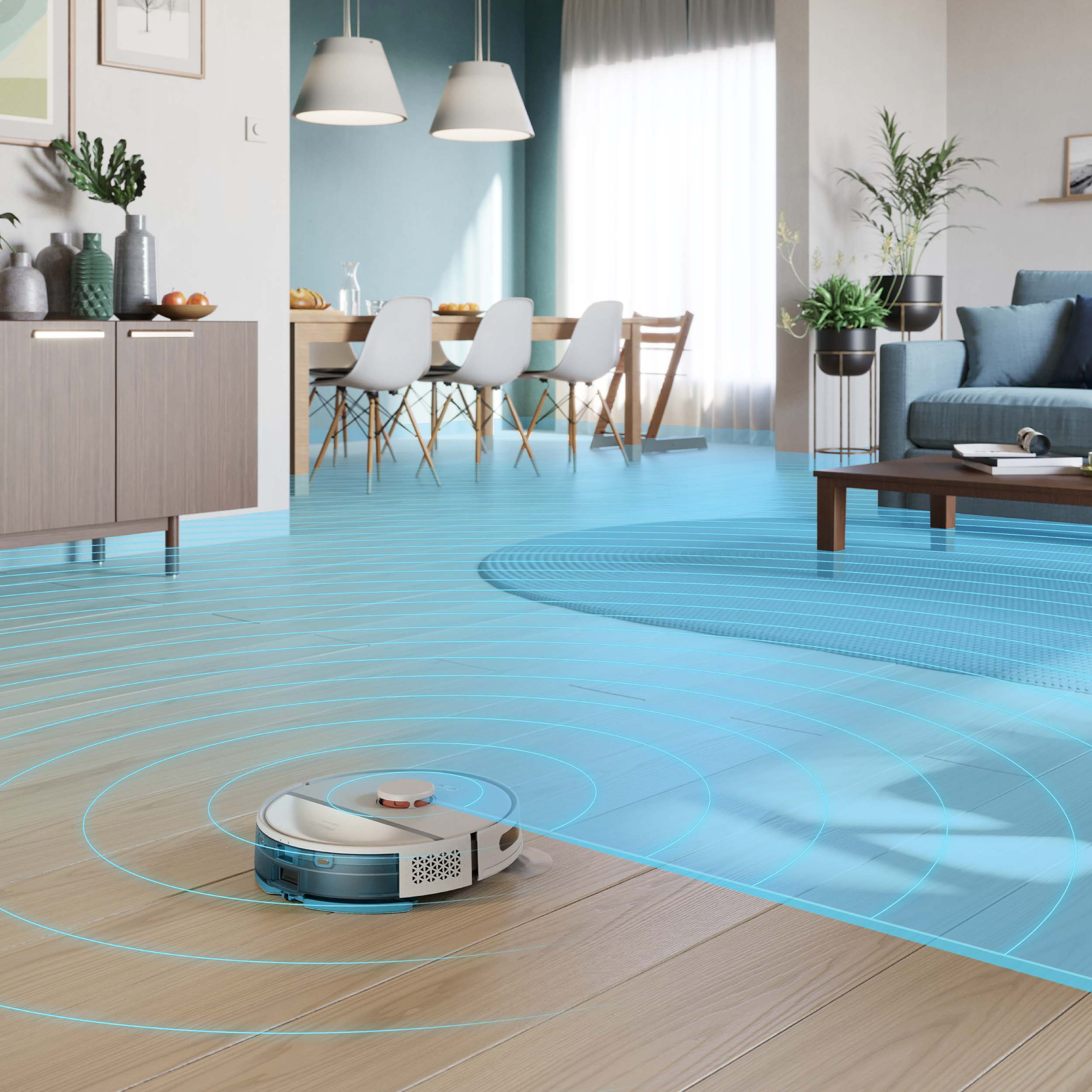 Robot odkurzający czyszczący drewnianą podłogę, z niebieskim wzorem fal.