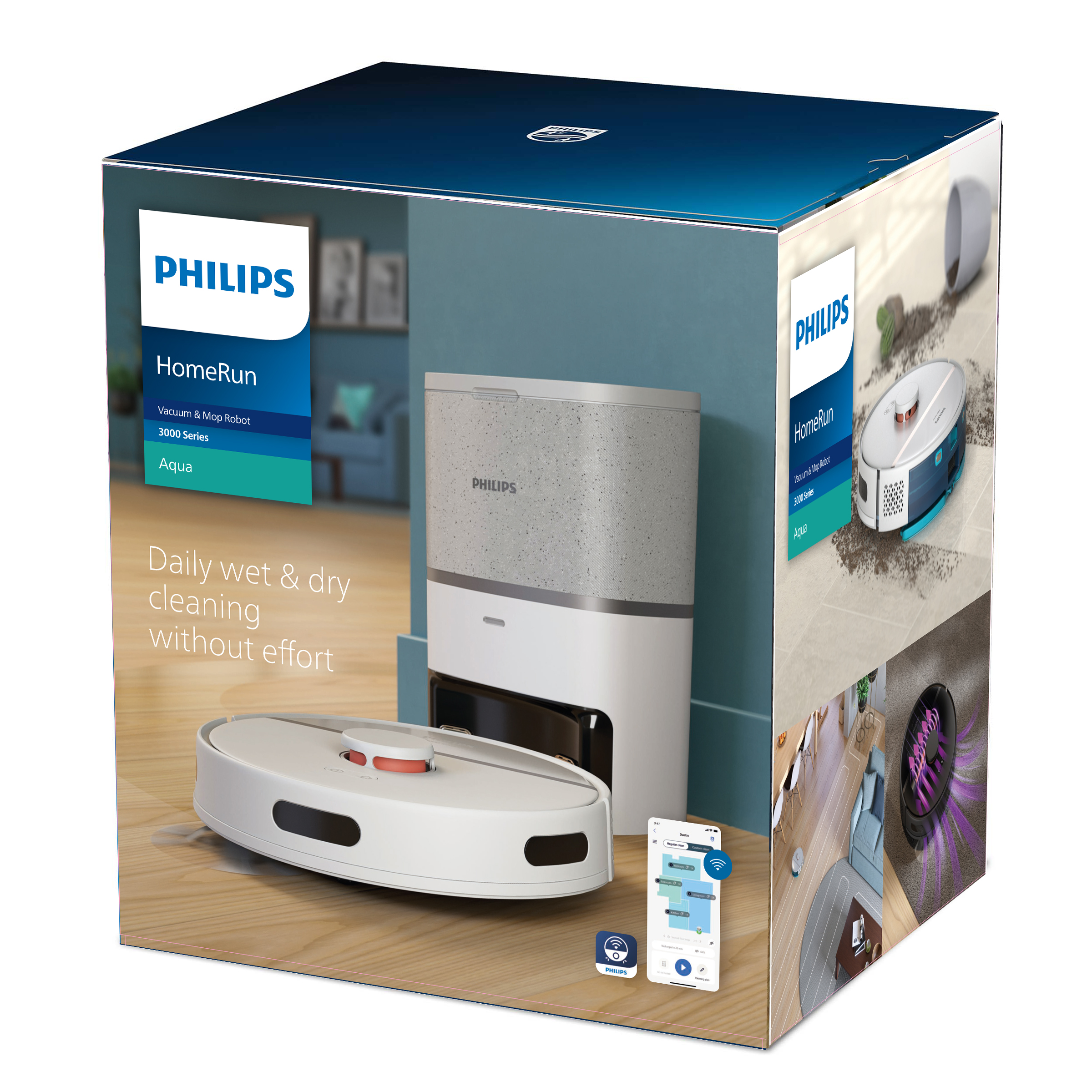 Pudełko z robotem odkurzającym i stacją ładującą. Pokazuje produkt i jego funkcje.