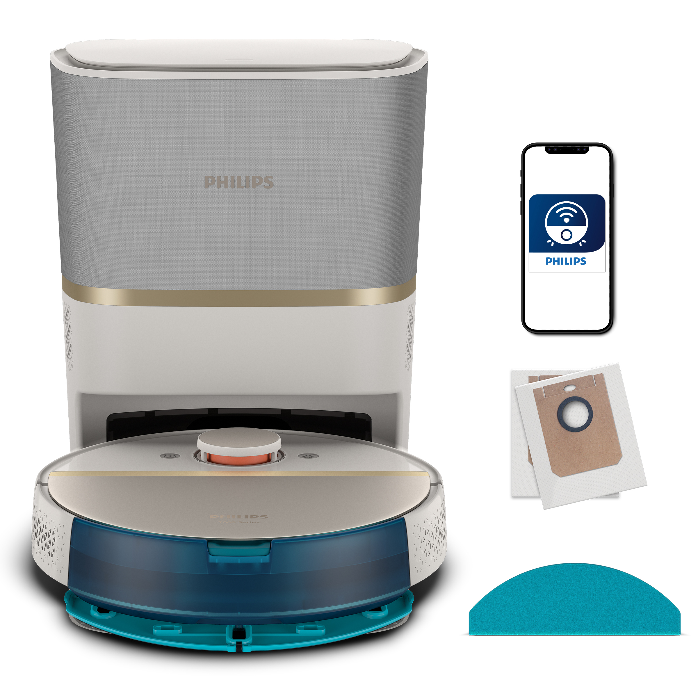 Robot odkurzający ze stacją ładującą, aplikacją i workami zapasowymi.