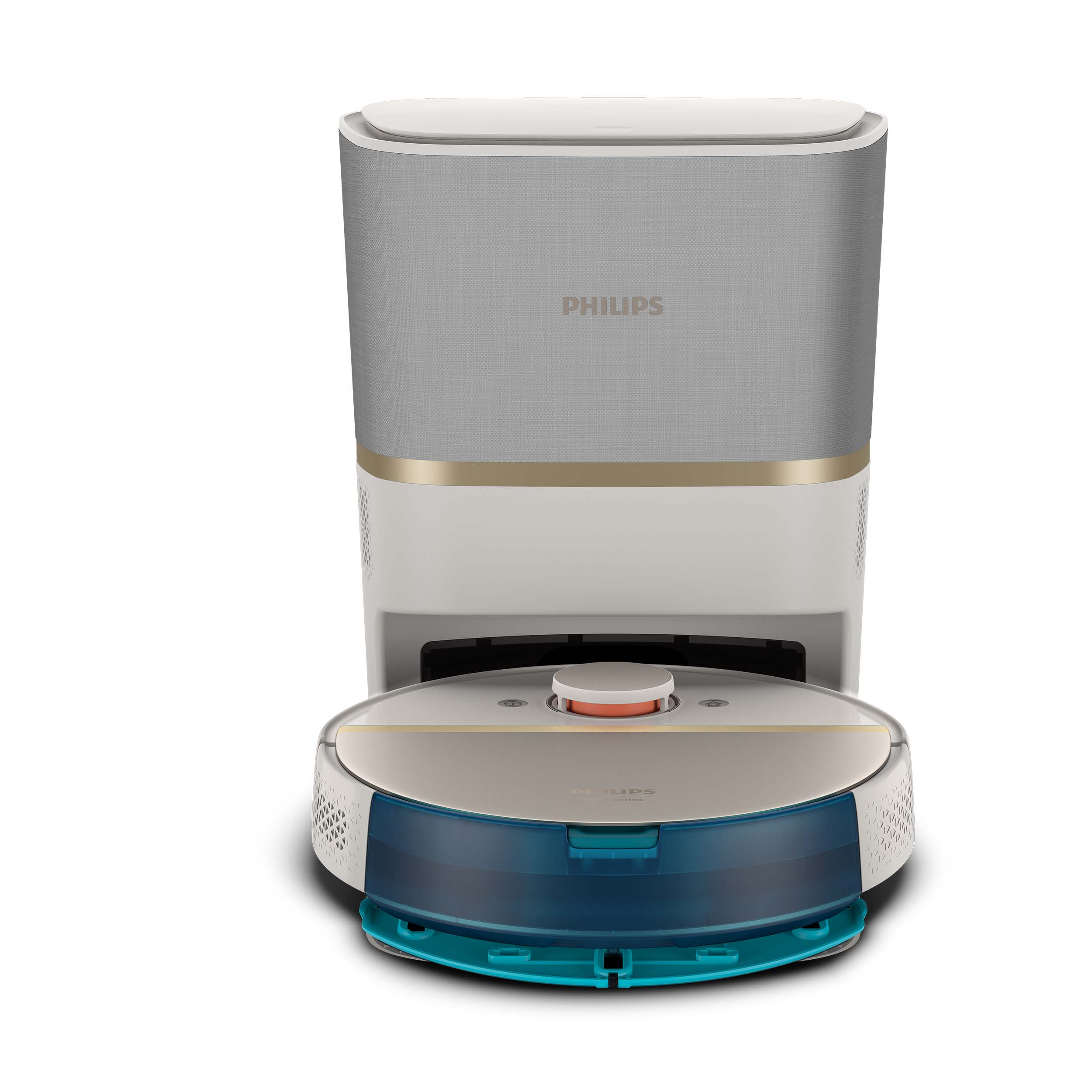 Odkurzacz automatyczny ze stacją ładującą. Logo Philips na podstawie.