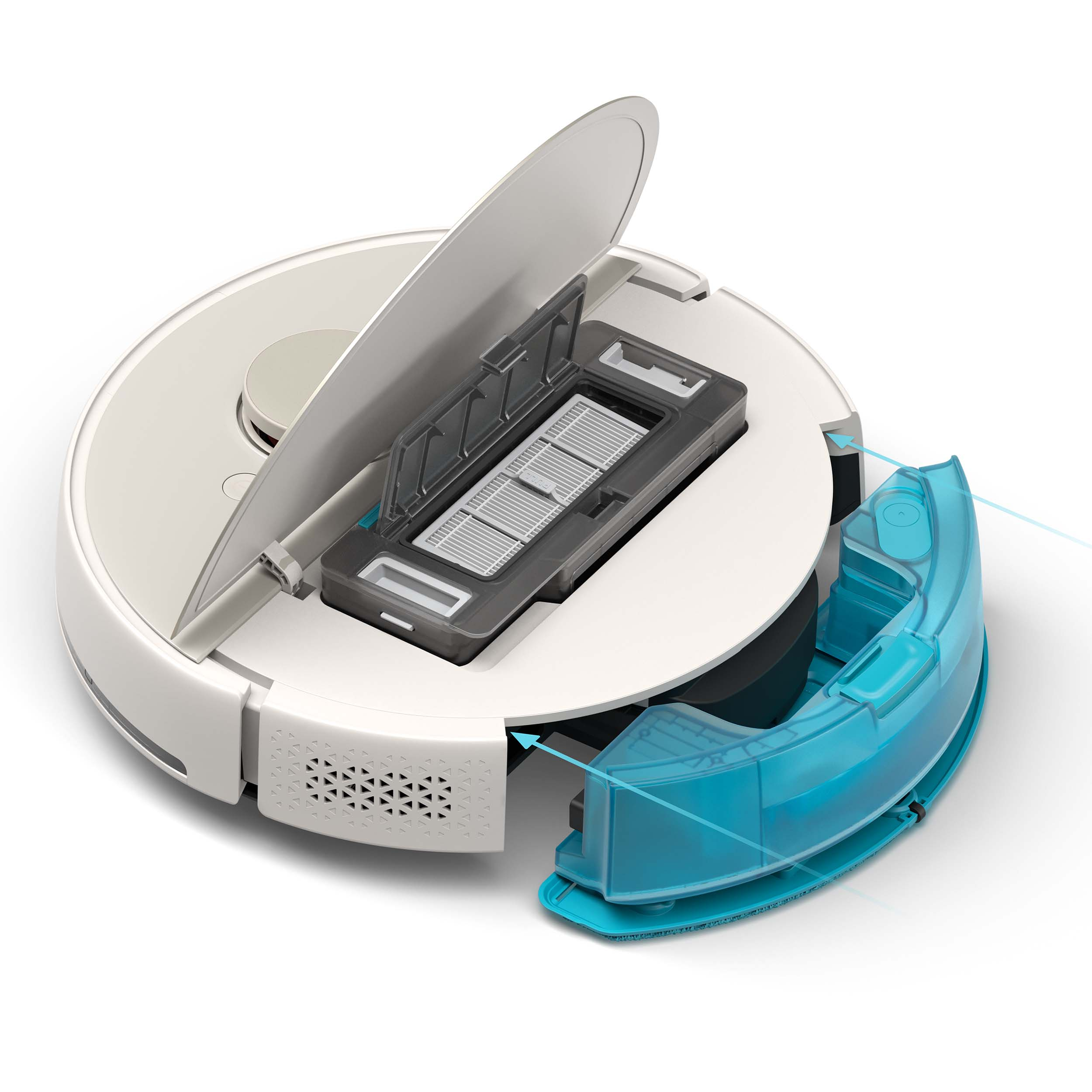 Widok rozłożony robota odkurzającego, pokazujący elementy wewnętrzne.