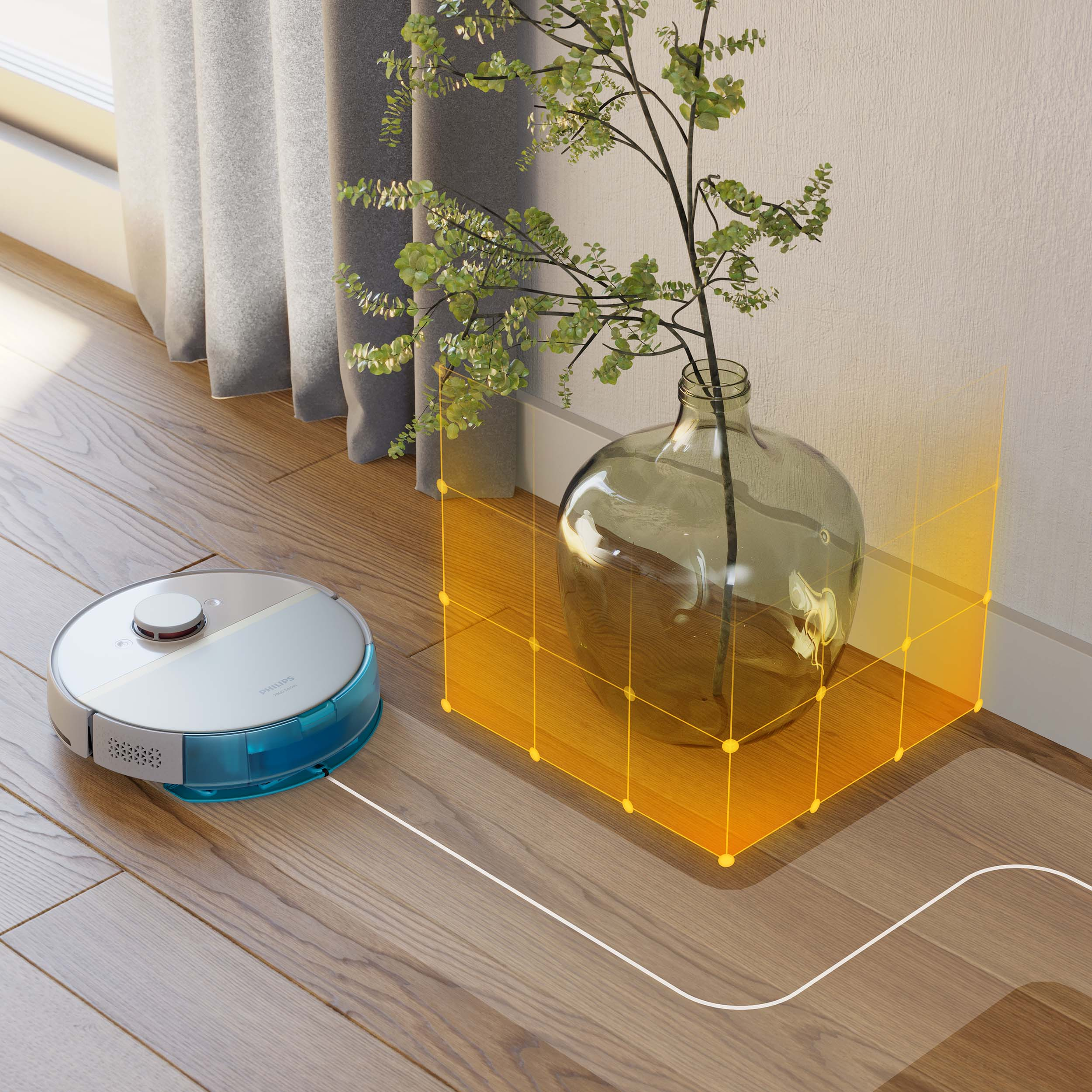 Robot sprzątający na podłodze z twardego drewna z wazonem i żółtą siatką wskazującą obszar.