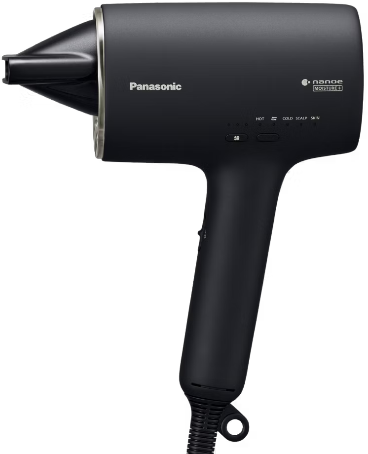 Ein schwarzer Panasonic Haartrockner mit Bedienelementen, auf schwarzem Hintergrund.
