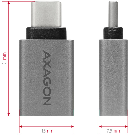 Adapter USB-C csatlakozóval és kisebb csatlakozóval. Ezüst színű, fehér háttérrel.