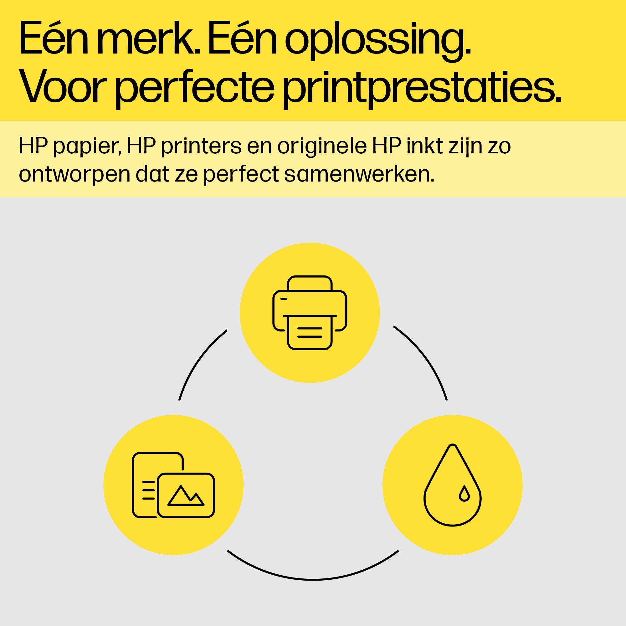 Yellow graphic with a printer, a paper, and an ink drop in a circle.