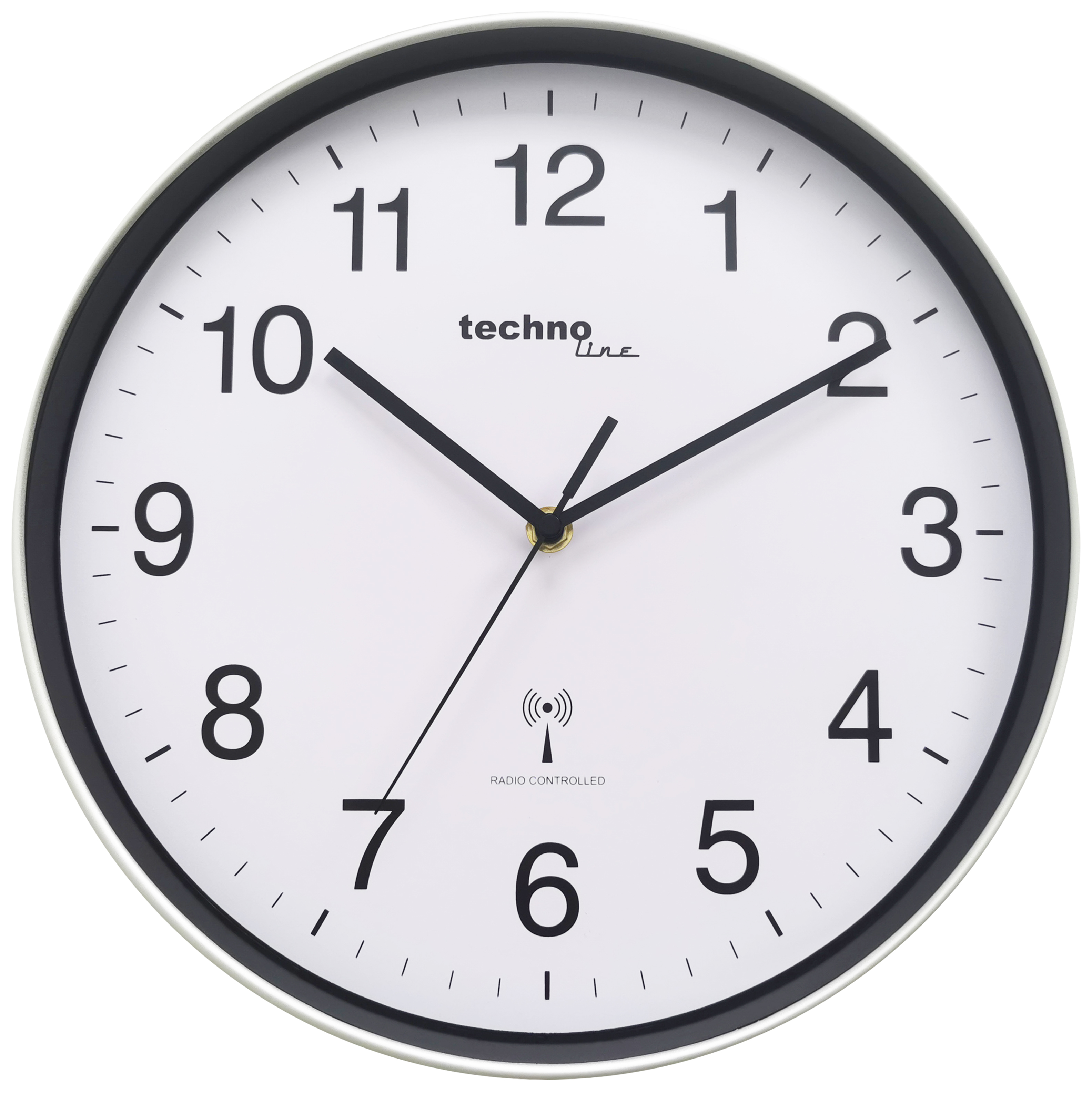 Eine weiße Uhr mit schwarzen Zahlen und Zeigern. Unten befindet sich ein funkgesteuertes Symbol.