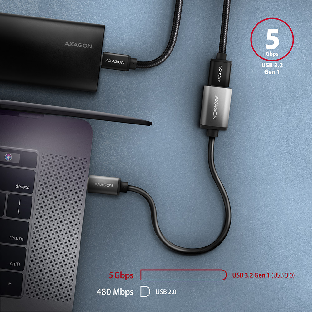 Egy laptop egy fekete eszközhöz csatlakozik két USB-kábellel. A képernyő adatátviteli információkat mutat.