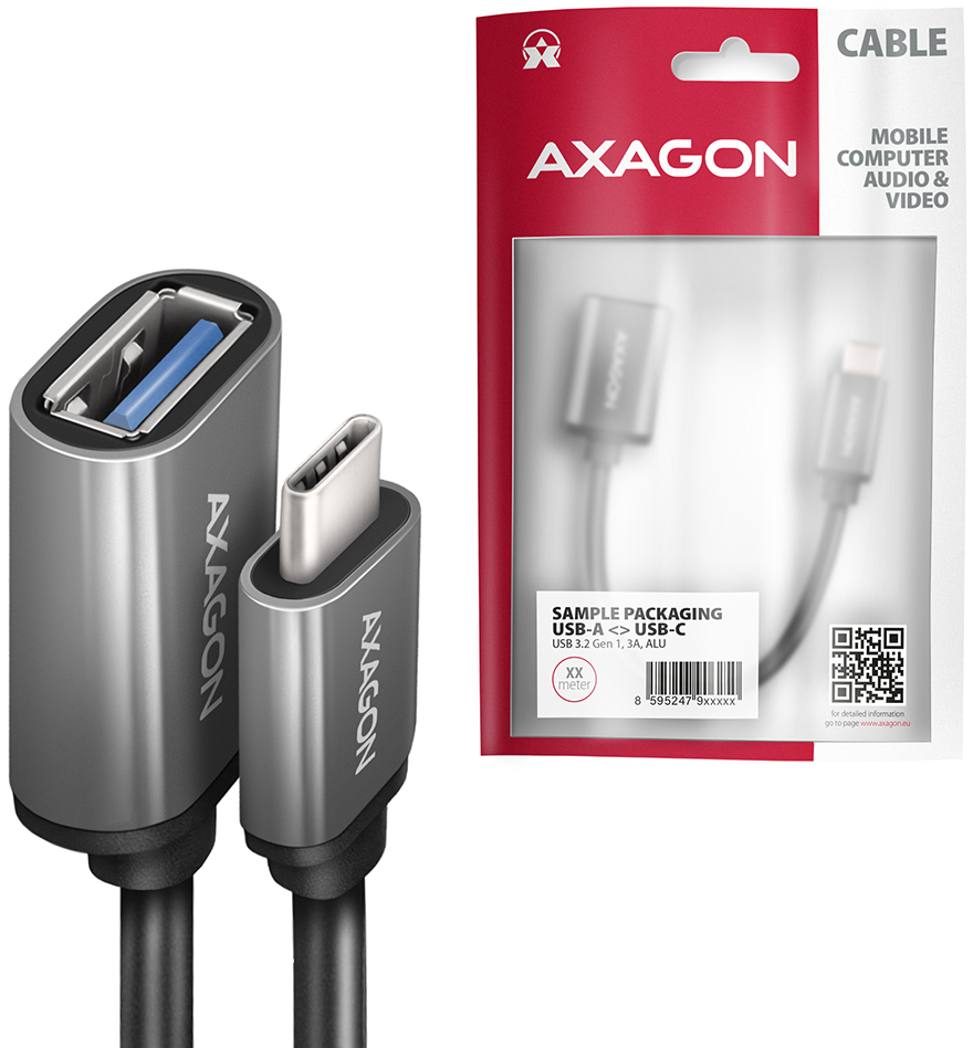 AXAGON USB-A-USB-C kábel csomagolása. A kábel ezüst és fekete. USB-A-USB-C kábel látható.