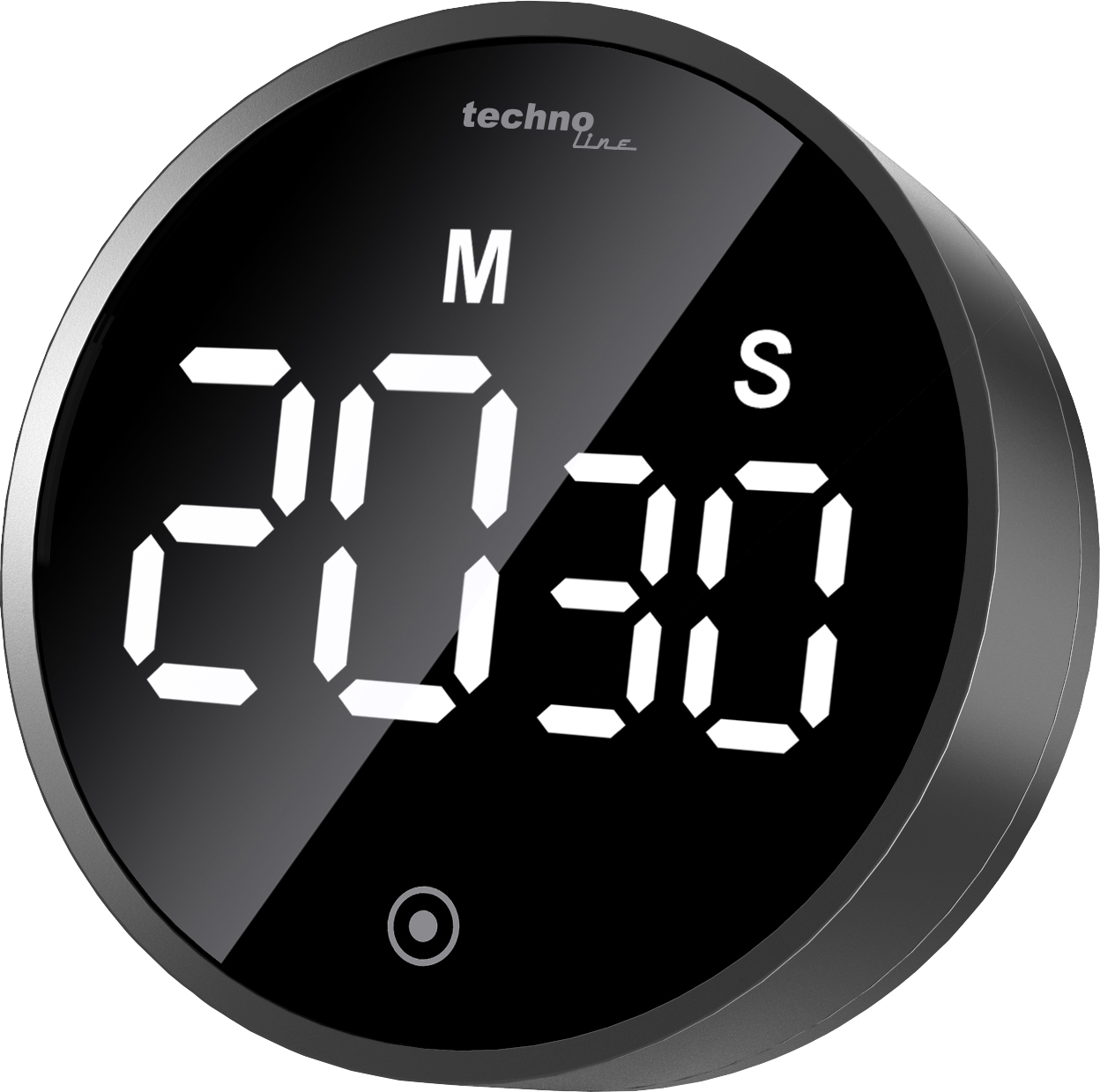 Digitaler Küchentimer mit schwarzem Rahmen, der die Zeit 20:30 in Weiß anzeigt.