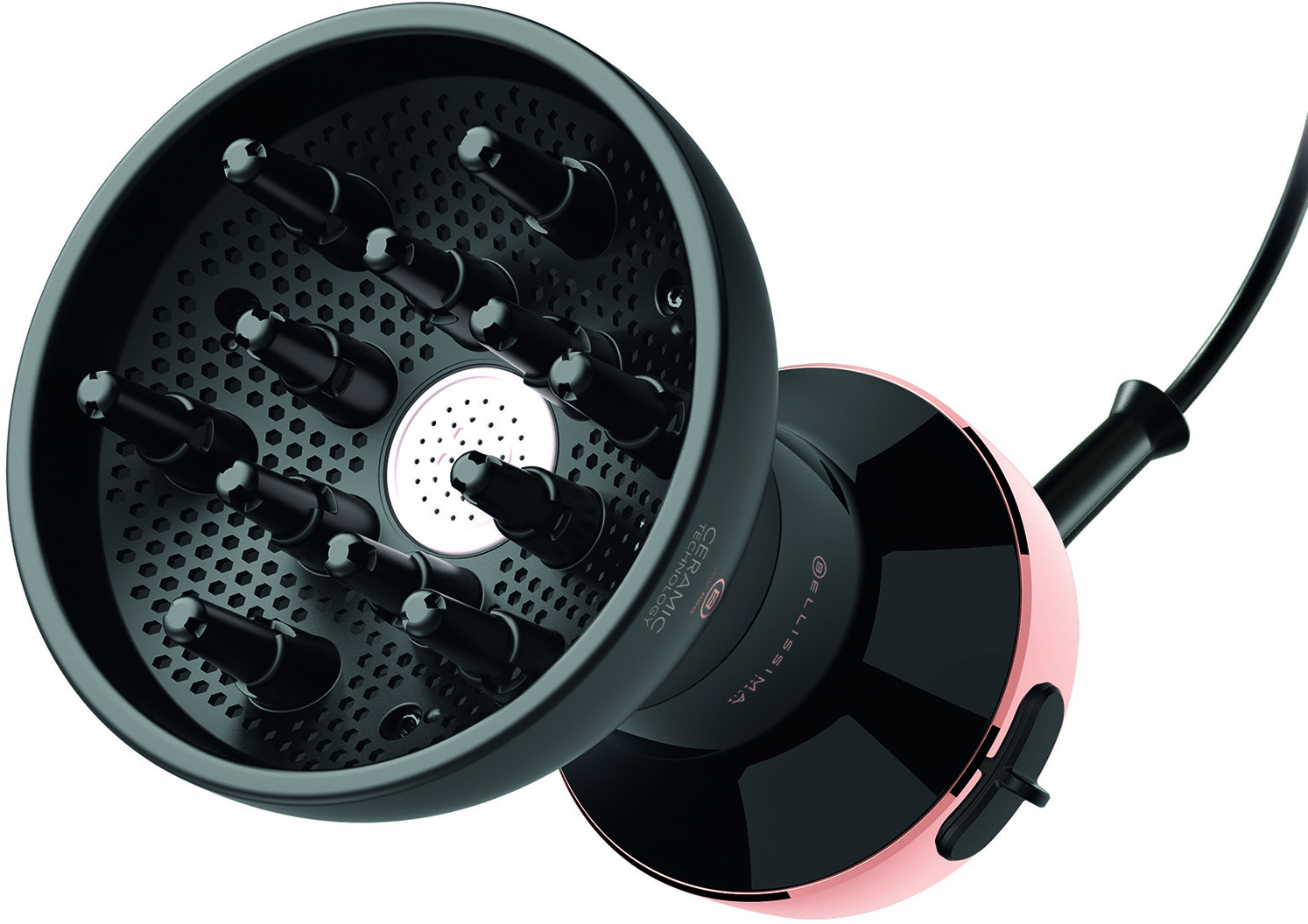 Un diffuseur de sèche-cheveux noir avec une base rose.