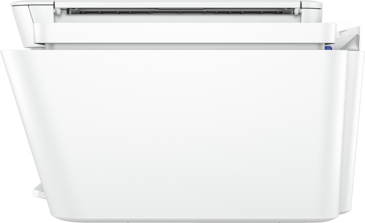 Une imprimante HP blanche, vue latérale, avec un dessus ouvert et un bac à papier, isolée.