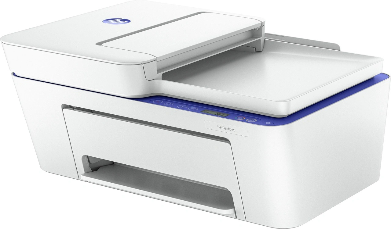 Une imprimante HP DeskJet blanche et bleue.