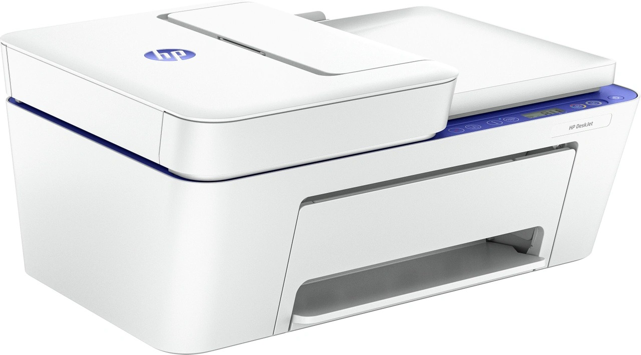 Une imprimante HP Deskjet, blanche et bleue, avec les sections imprimante et scanner visibles.