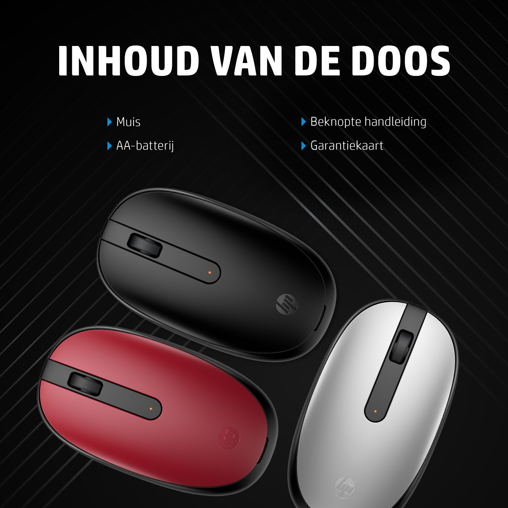 Trois souris d'ordinateur en noir, rouge et argent avec du texte sur le contenu de la boîte.