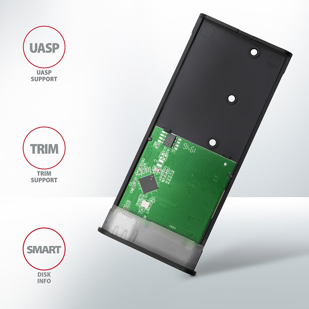 SSD komponensek: UASP, TRIM és SMART funkciók, logókkal.