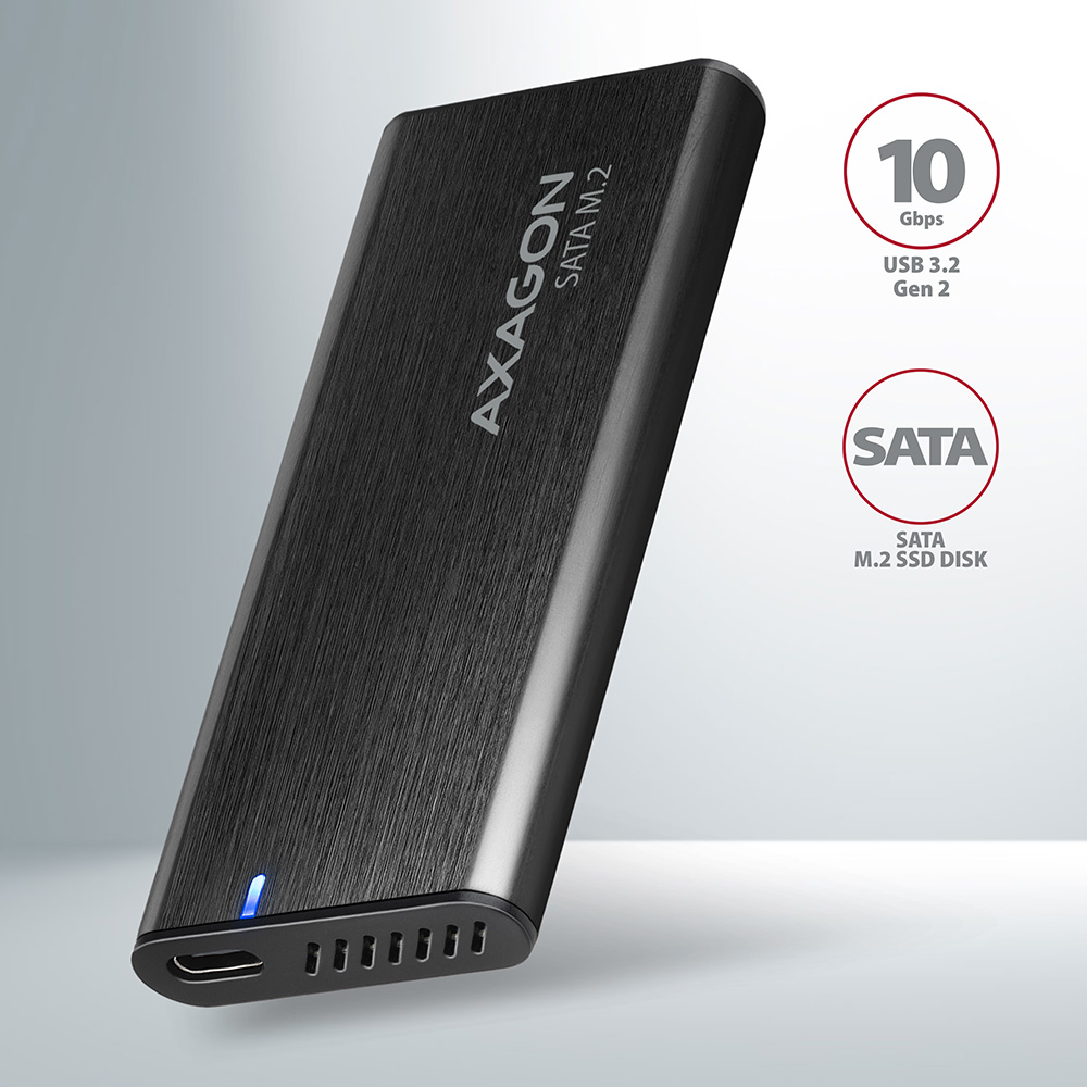 Fekete külső merevlemez Axagon logóval, SATA M.2 és USB 3.2 Gen 2 felirattal.