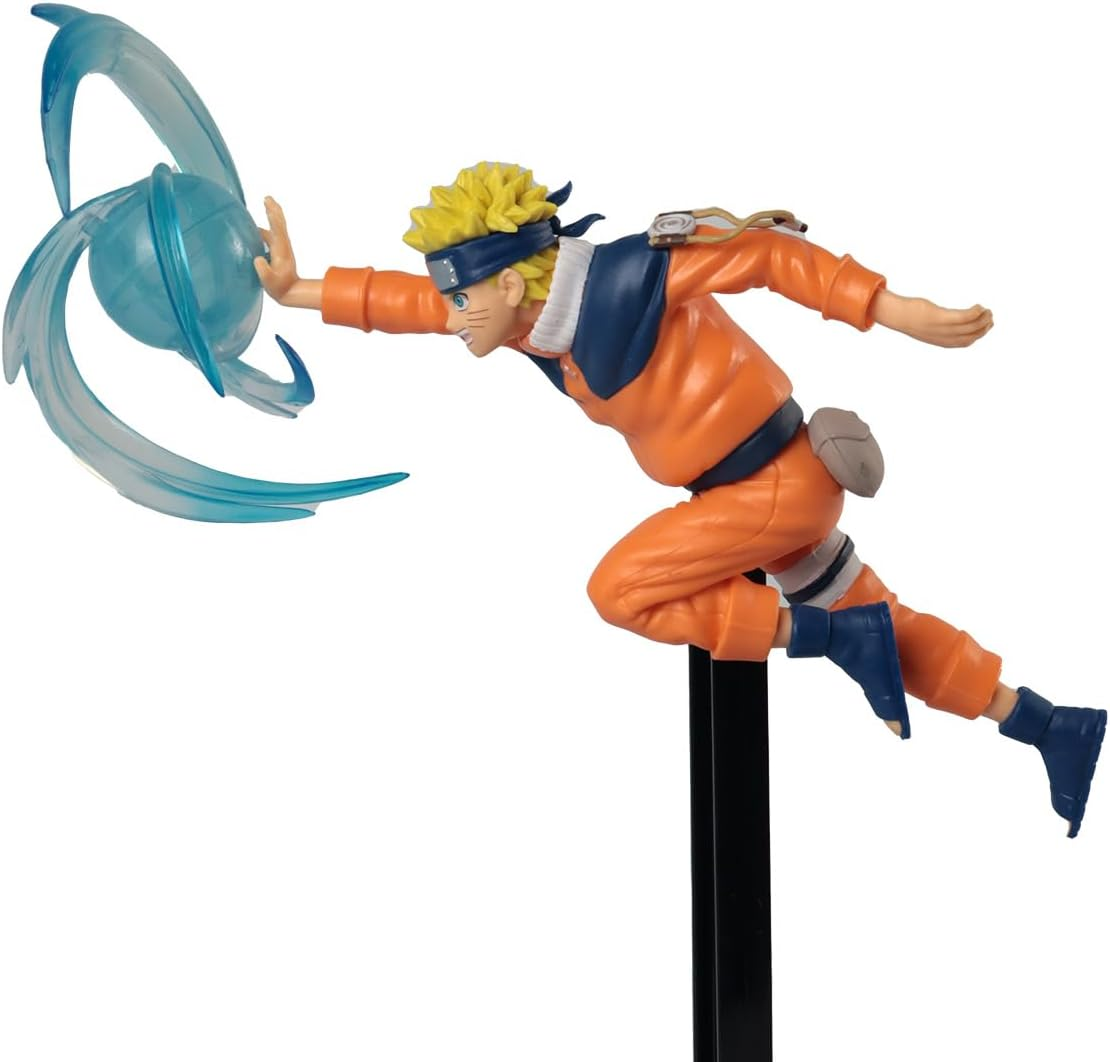 Figura de Naruto en acción, traje naranja, efectos azules.