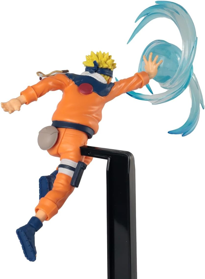 Figura de Naruto en pose de acción, traje naranja, energía azul, base negra, fondo blanco.