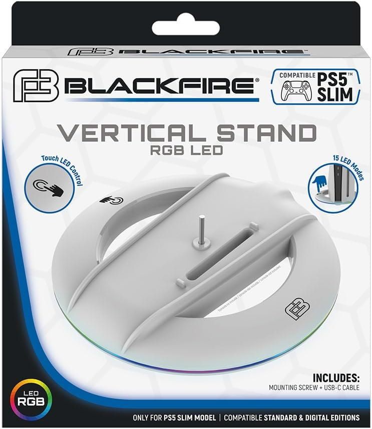 Soporte vertical Blackfire PS5 Slim con LED RGB, e incluye tornillo de montaje y cable USB-C.