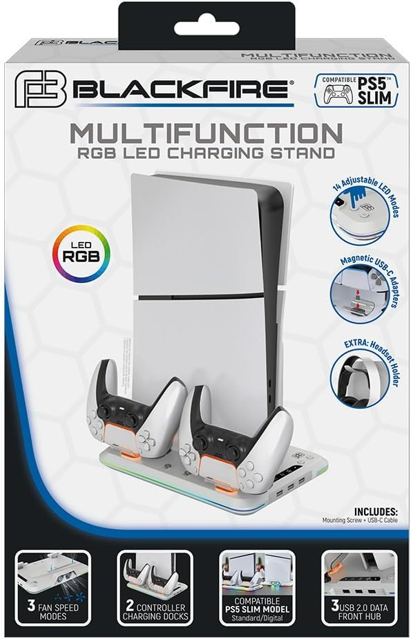 Soporte de carga para una PS5 con mandos y funciones adicionales, incluyendo luces LED.