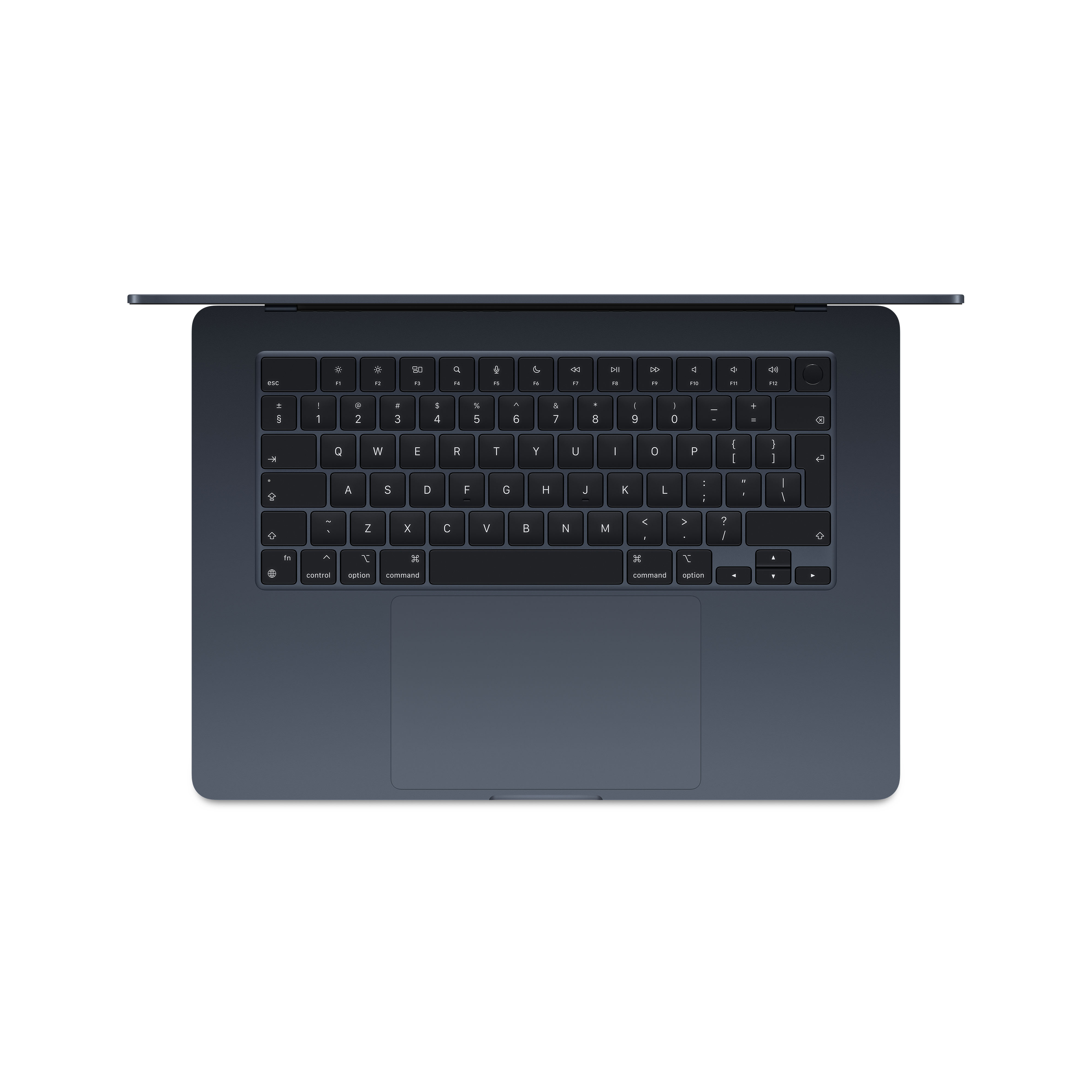 Eine Laptop-Tastatur, von oben betrachtet, auf weißem Grund.