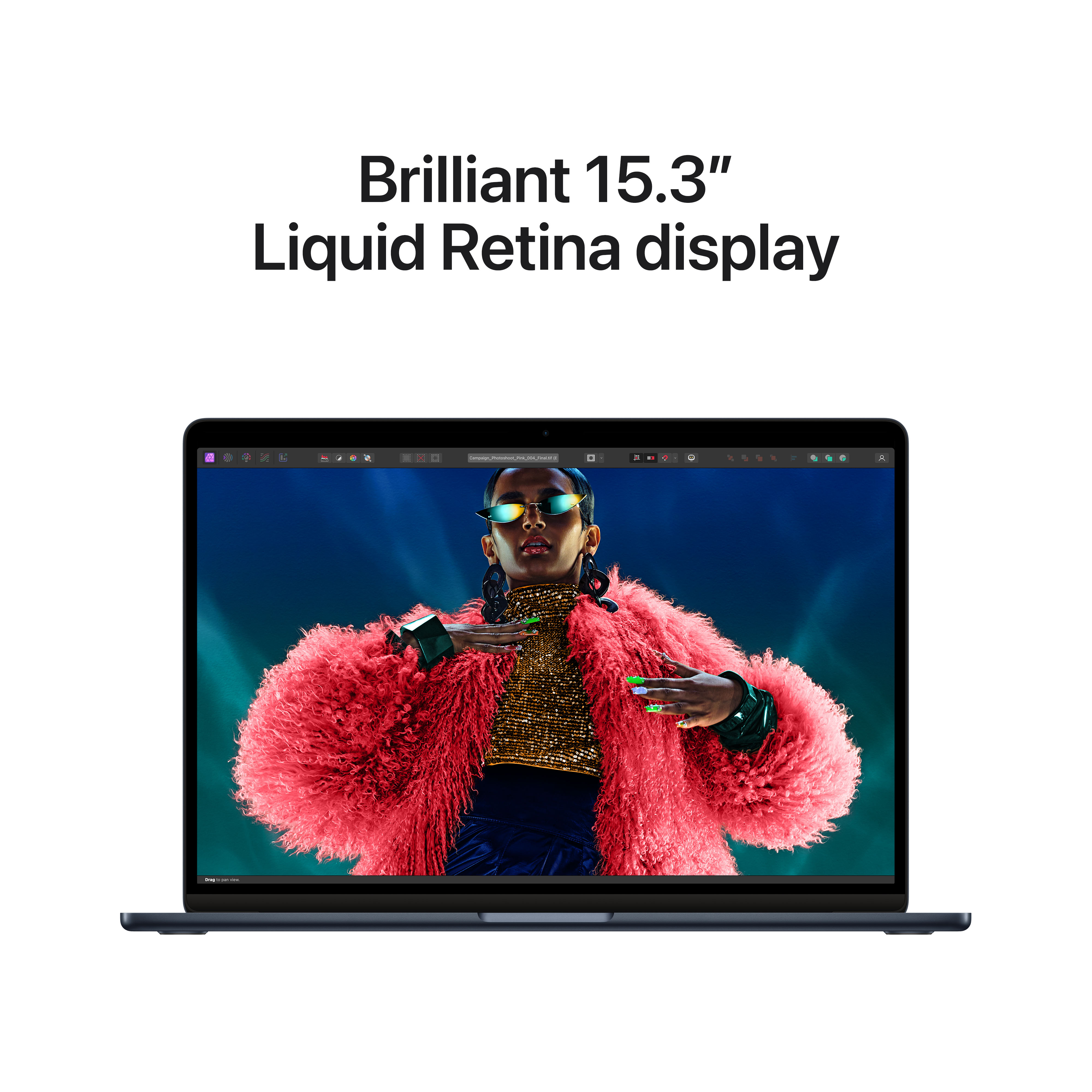 Laptop mit hellem Bildschirm, Person mit Sonnenbrille und roter Pelzjacke wird angezeigt.