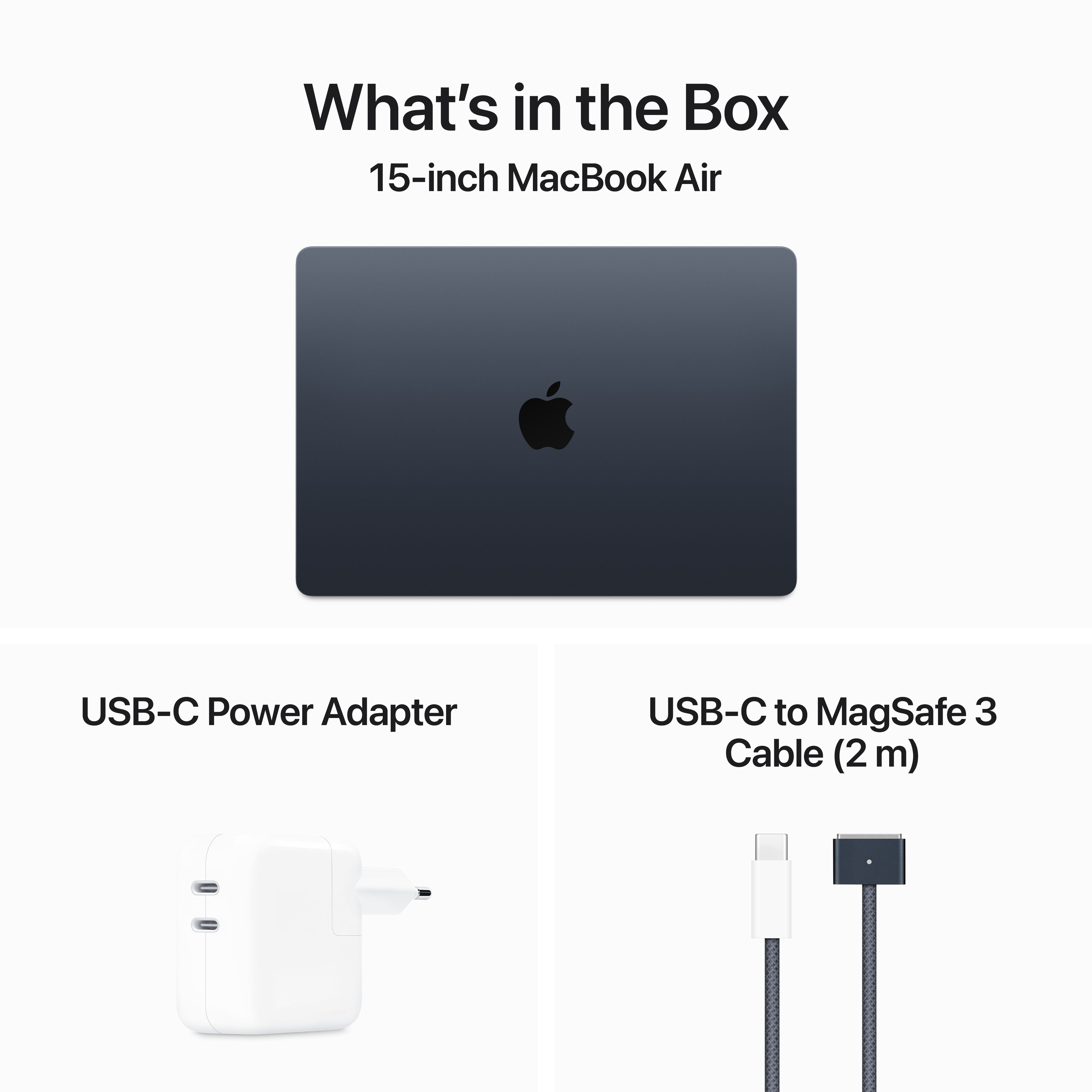 Das Bild zeigt ein MacBook Air, ein Netzteil und ein USB-C-auf-MagSafe-3-Kabel, alles auf weißem Hintergrund.