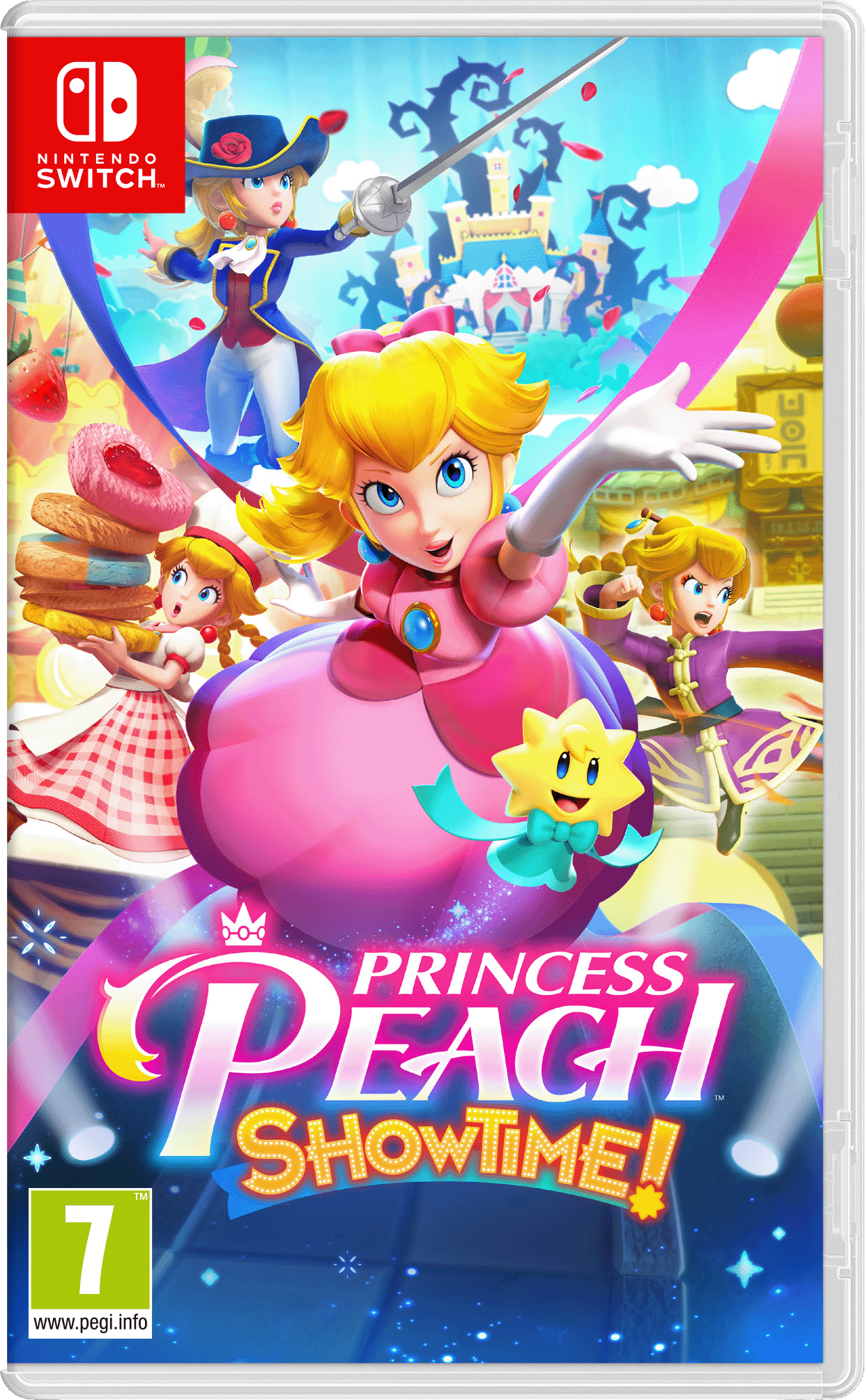 Nintendo Switch Spielbox für 'Princess Peach Showtime!' mit Peach und anderen Charakteren.