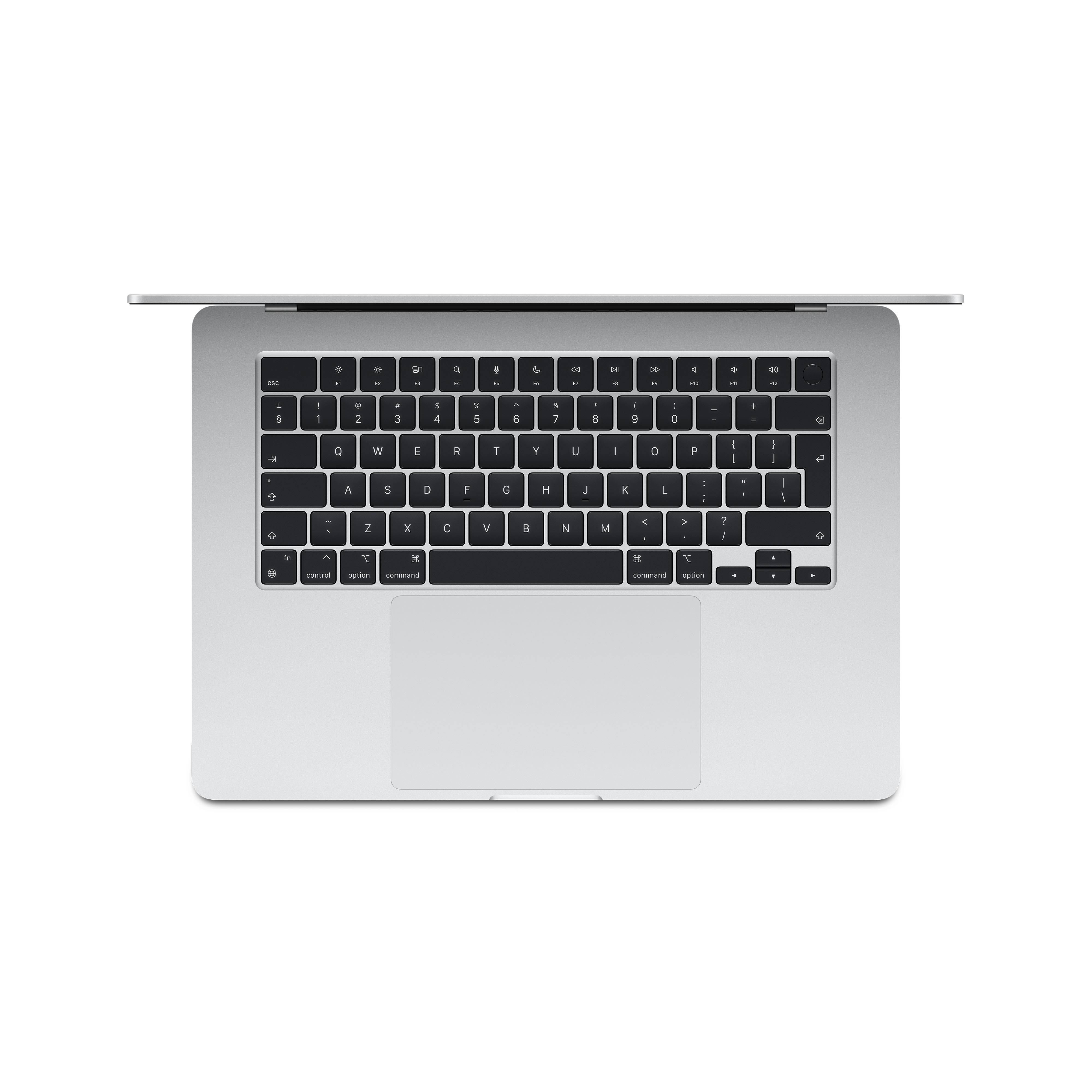 Draufsicht auf einen silbernen Laptop mit schwarzer Tastatur vor weißem Hintergrund.