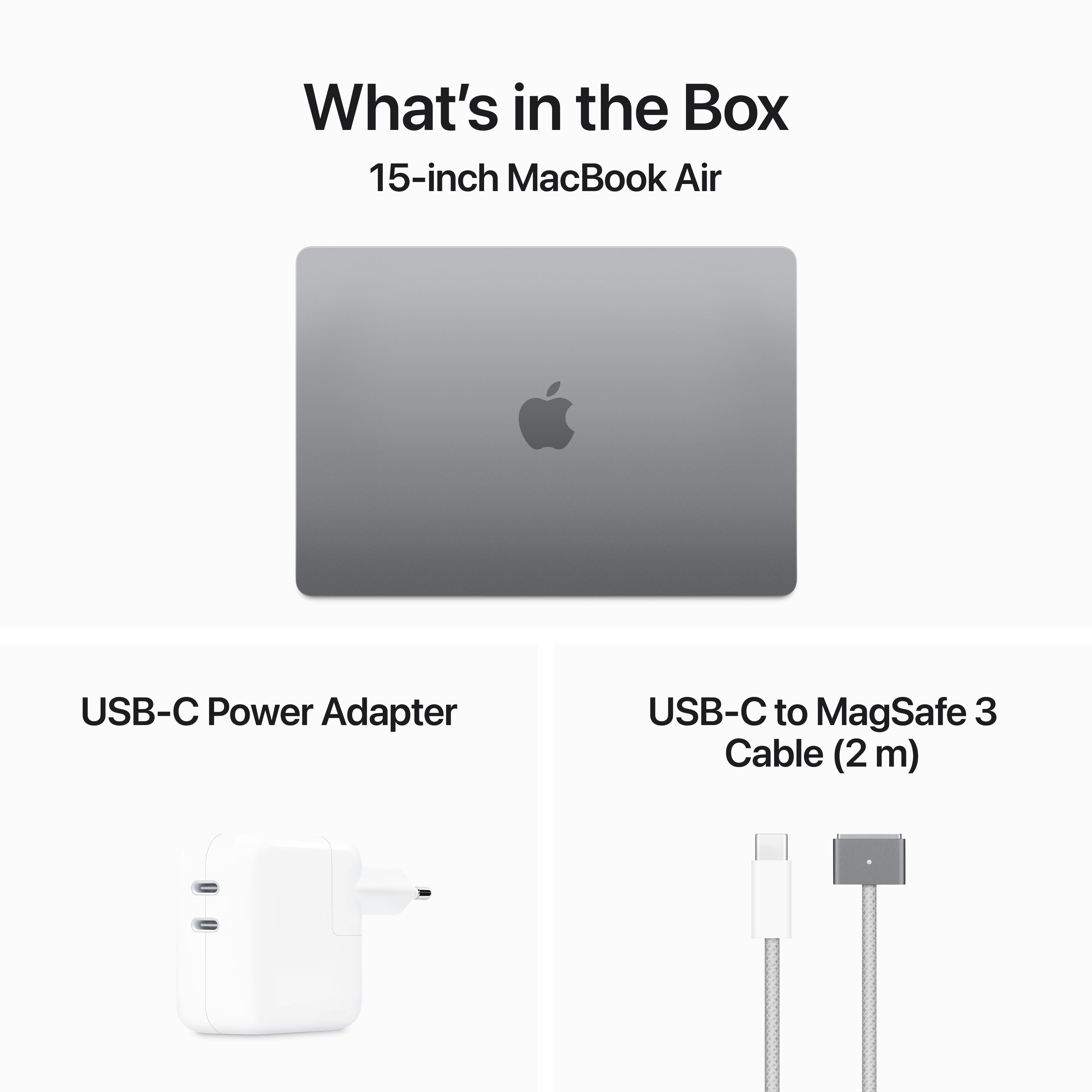 MacBook Air Inhalt: Laptop, Ladegerät und Kabel.