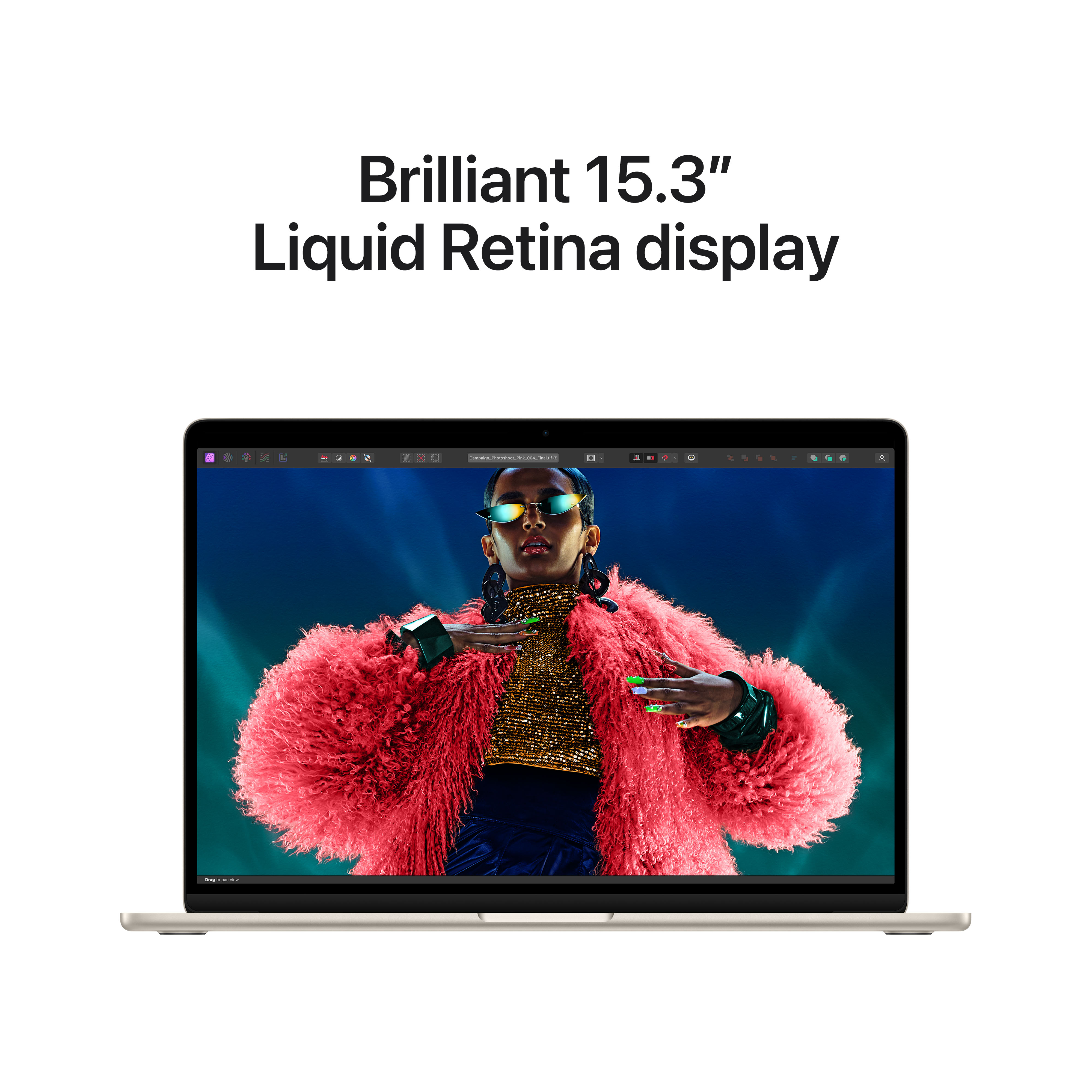 Laptop mit Frau auf dem Bildschirm, rosa Pelzmantel. Text: 'Brillantes 15,3" Liquid Retina Display'.