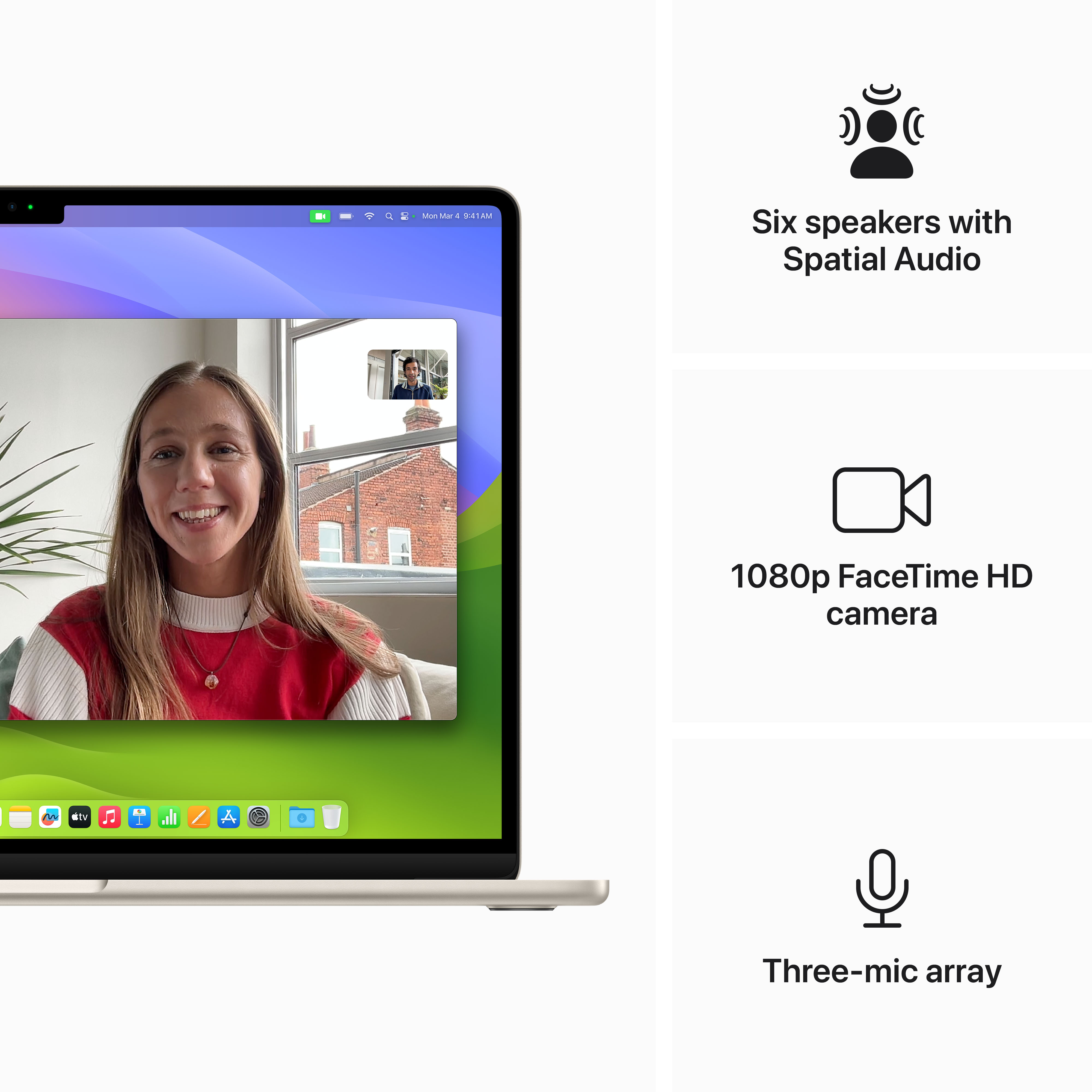 Ein Laptop mit einem Videoanruf auf dem Bildschirm. Der Bildschirm zeigt eine Person. Drei Symbole rechts.